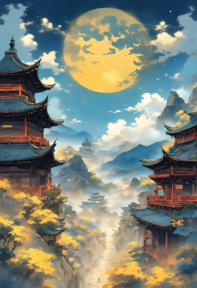 A vertical poster, a massive yellow moon in a deep blue sky, clouds floating by, hills in the faraway, a hamlet with old Chinese buildings in the middle ground, a pagoda in the front ground, ink wash painting, similar to the style of [Shan shui], [Ni Zan], and [Wang Ximeng], dim and cool lighting, harmony between yin and yang, monochrome and simple colors, bird’s-eye view, composition and balance