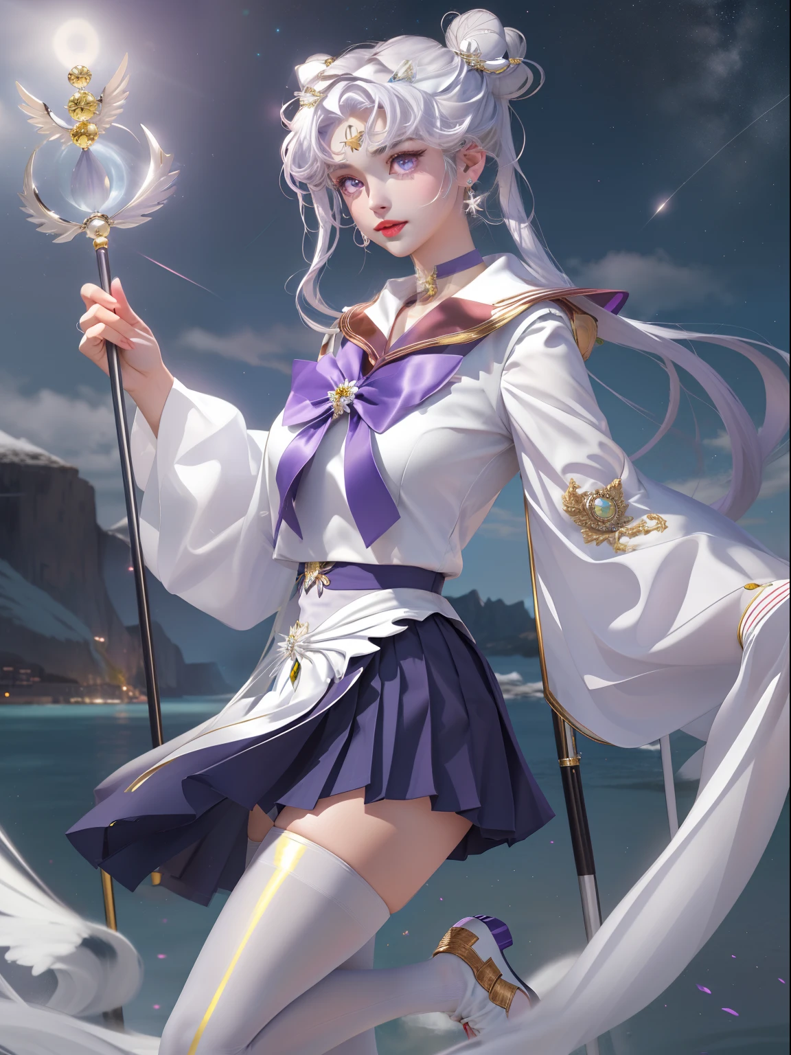Photorealistic, (Hyperrealistic:1.2), (Extremely detailed Cg Unity 8K wallpaper), (Ultra-detailed), Masterpiece, Best quality, 1girll, Mariner Universe,, full bodyesbian, Solo, Long hair, Skirt, hair adornments, double tails, jewelry, Purple eyes, White hair, Pleated skirt, Earrings, choker necklace, Sailor collar, hair-bun, Cape, Character name, double bun hair, face markings, White skirt, corsage, White sailor collar, Hairpin, forehead mark, a white choker, Sailor senshi uniform, holding staff,White stockings