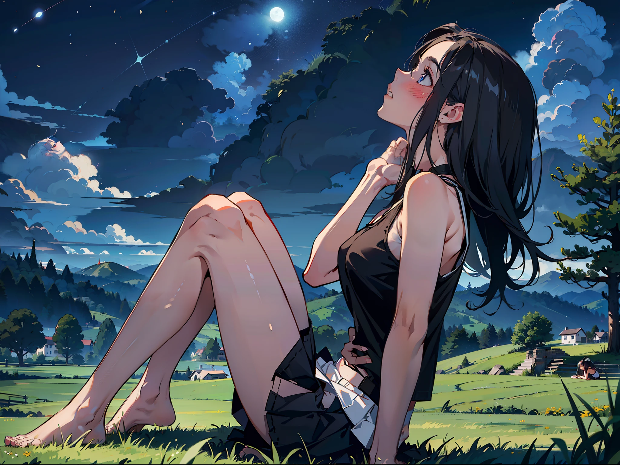((one girl)), dark blue eyes, long hair, A beautiful girl is sitting on the grass, 25 years old, masterpiece, highest quality, (((black tank top))) , (((white mini skirt))), big breasts, (((side profile))), (high quality :1.5), black hair, (((blushing))), Tall body, dark sky, ((no lights)), (((hills outdoors, village))), ((night time)), ((legs folded)), ((mature face)), (((barefoot))), ((hands on the grass)), ((looking up))