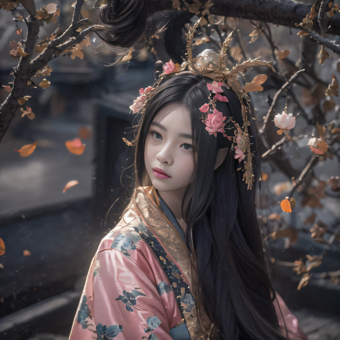 32K（tmasterpiece，k hd，hyper HD，32K）Long flowing black hair，ponds，zydink， a color， Xuzhou people （Silly girl）， （Silk scarf）， Combat posture， looking at the ground， long whitr hair， Floating hair， Carp pattern headdress， Chinese long-sleeved clothing， （abstract ink splash：1.2）， Pink petal background，Pink and white lotus flowers fly（realisticlying：1.4），Black color hair，Fallen leaves flutter，The background is pure， A high resolution， the detail， RAW photogr， Sharp Re， Nikon D850 Film Stock Photo by Jefferies Lee 4 Kodak Portra 400 Camera F1.6 shots, Rich colors, ultra-realistic vivid textures, Dramatic lighting, Unreal Engine Art Station Trend, cinestir 800，Long flowing black hair，Denim skirt