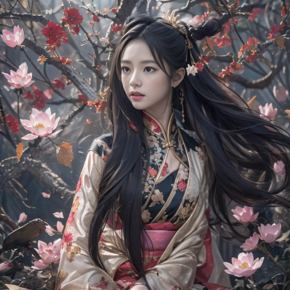 32K(tmasterpiece,k hd,hyper HD,32K)Long flowing black hair,ponds,zydink, a color, Xuzhou people (Silly girl), (Silk scarf), Combat posture, looking at the ground, long whitr hair, Floating hair, Carp pattern headdress, Chinese long-sleeved clothing, (abstract ink splash:1.2), Pink petal background,Pink and white lotus flowers fly(realisticlying:1.4),Black color hair,Fallen leaves flutter,The background is pure, A high resolution, the detail, RAW photogr, Sharp Re, Nikon D850 Film Stock Photo by Jefferies Lee 4 Kodak Portra 400 Camera F1.6 shots, Rich colors, ultra-realistic vivid textures, Dramatic lighting, Unreal Engine Art Station Trend, cinestir 800,Long flowing black hair,Denim skirt