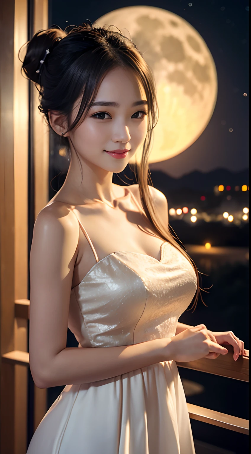 1girl, big moon, upper body, cinematic, Mid-autumn festival, smiling, close lips, chinesse white dress, look at view, long hair, bun hair,