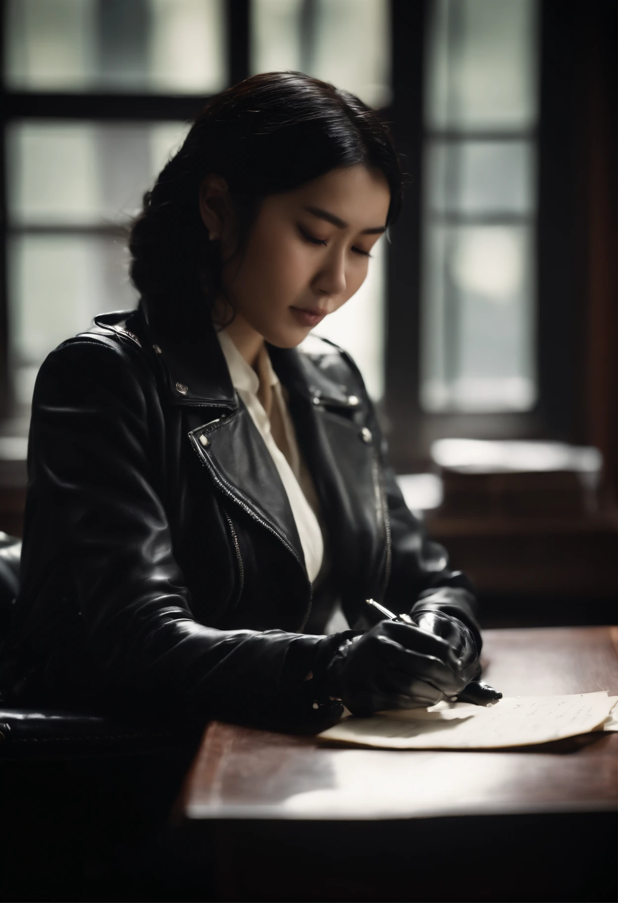 Wearing black leather gloves on both hands, Upper body, Black leather riders jacket, Writing a letter with a fountain pen on the desk, Black hair, Long Straight, Young japanese lady