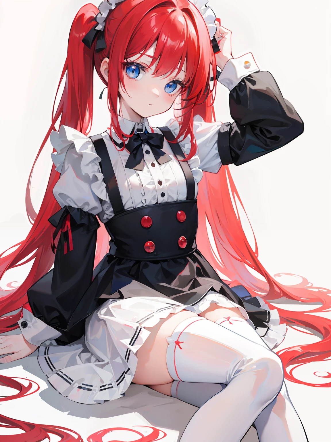 red hair,blue eyes,twintails,maid, long hair, long sleeves, gothic, solo, loli,Short skirt, white stockings,{{best quality}}, {{masterpiece}}, {{ultra-detailed}}, {illustration}, {detailed light}, {an extremely delicate and beautiful}, girl,cute,