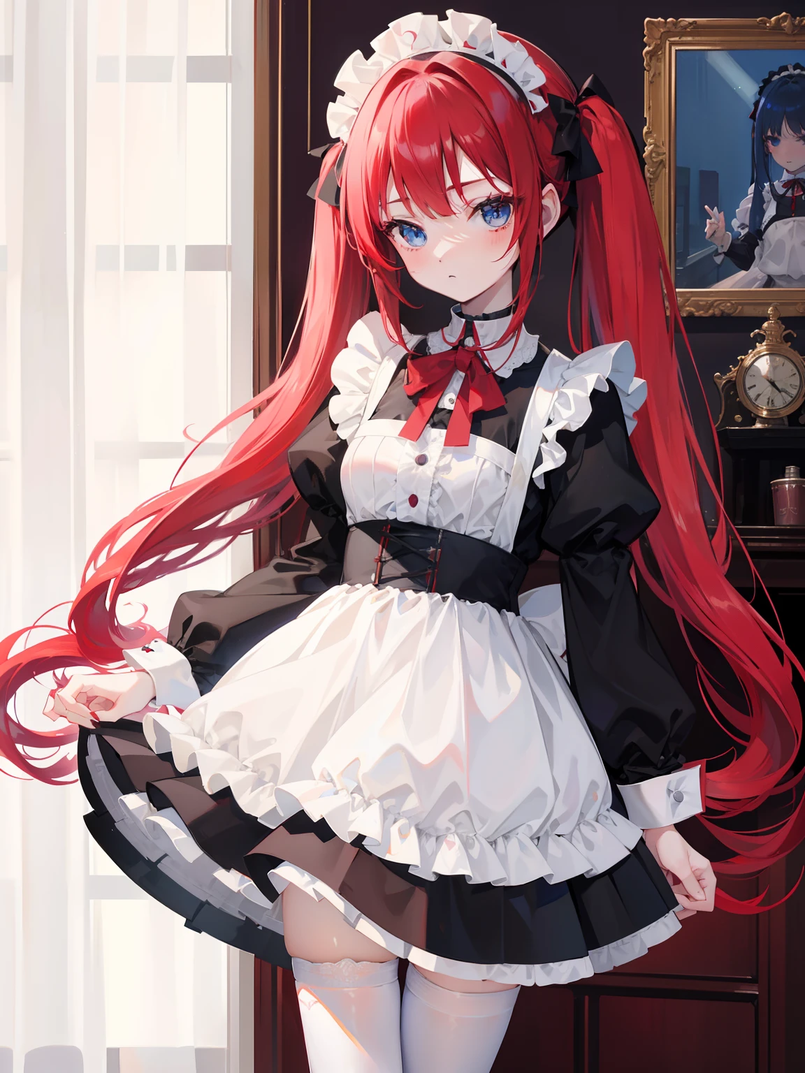 red hair,blue eyes,twintails,maid, long hair, long sleeves, gothic, solo, loli,Short skirt, white stockings,{{best quality}}, {{masterpiece}}, {{ultra-detailed}}, {illustration}, {detailed light}, {an extremely delicate and beautiful}, girl,cute,