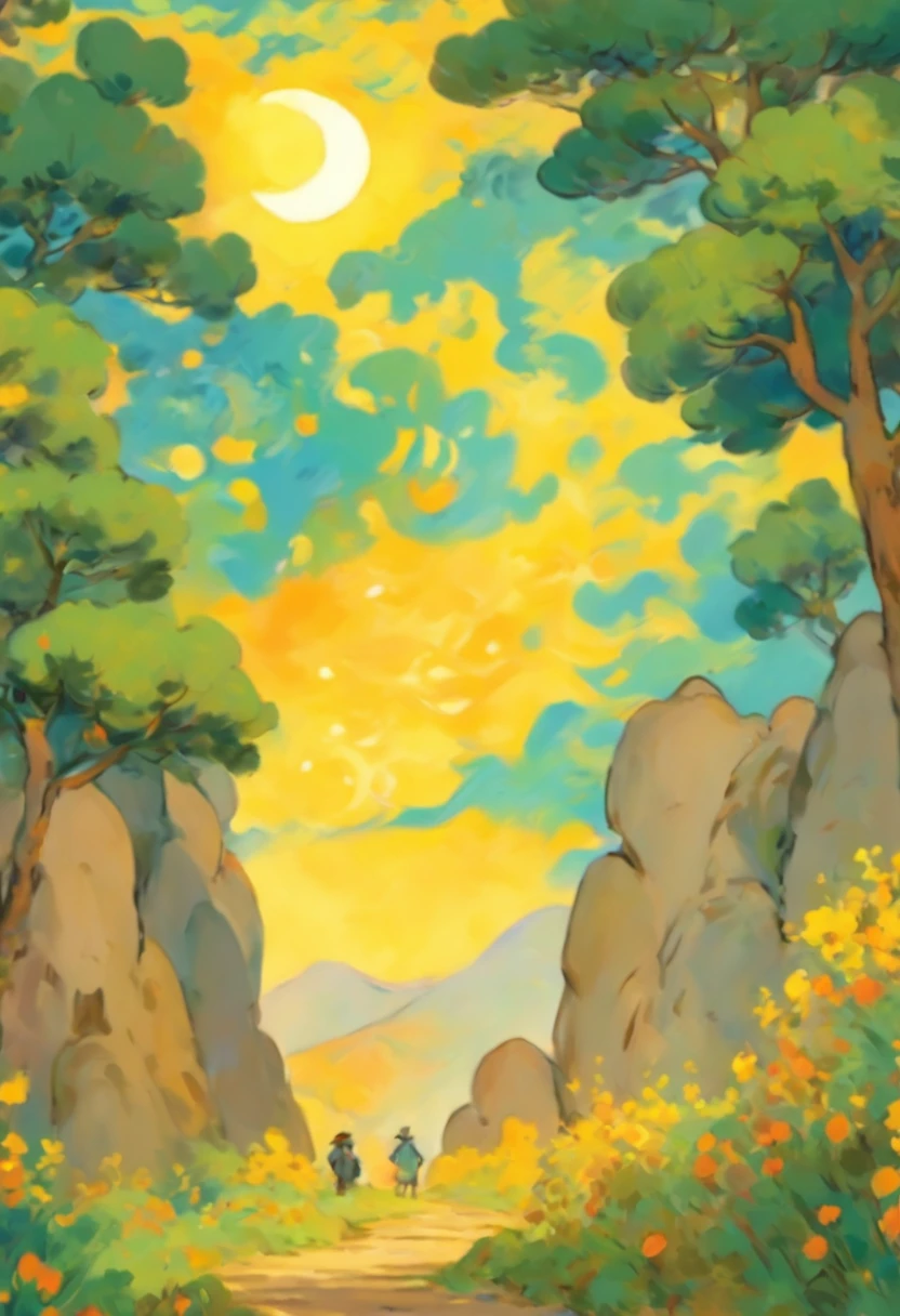 A background of a huge moon, with the shadow of an osmanthus tree on it, yellow trees around the edges of the picture, yellow grass in the foreground, a large rock in the center, some small animals in front of the rock, oil painting, similar to the style of [Vincent van Gogh], [Claude Monet], and [Paul Cézanne], bright and warm lighting, swirls and strokes of paint, vivid and expressive colors, medium shot, texture and movement