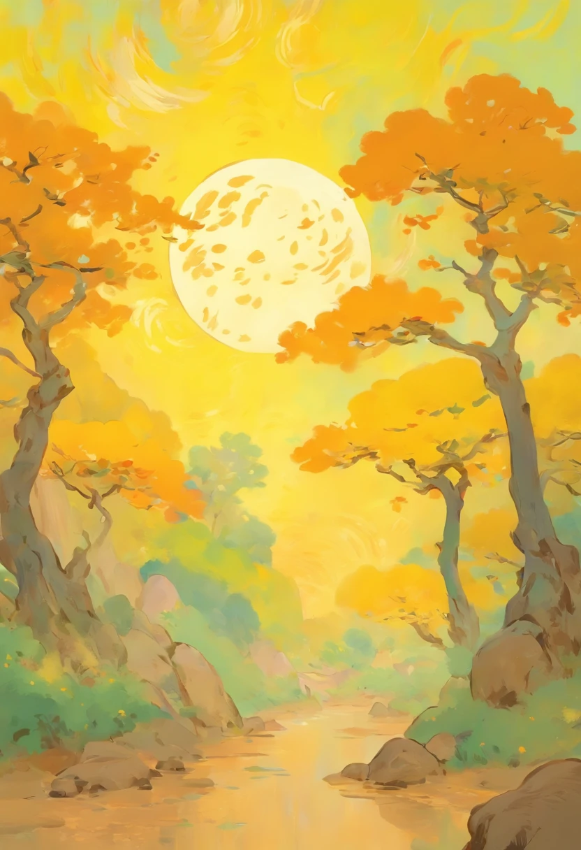 A background of a huge moon, with the shadow of an osmanthus tree on it, yellow trees around the edges of the picture, yellow grass in the foreground, a large rock in the center, some small animals in front of the rock, oil painting, similar to the style of [Vincent van Gogh], [Claude Monet], and [Paul Cézanne], bright and warm lighting, swirls and strokes of paint, vivid and expressive colors, medium shot, texture and movement