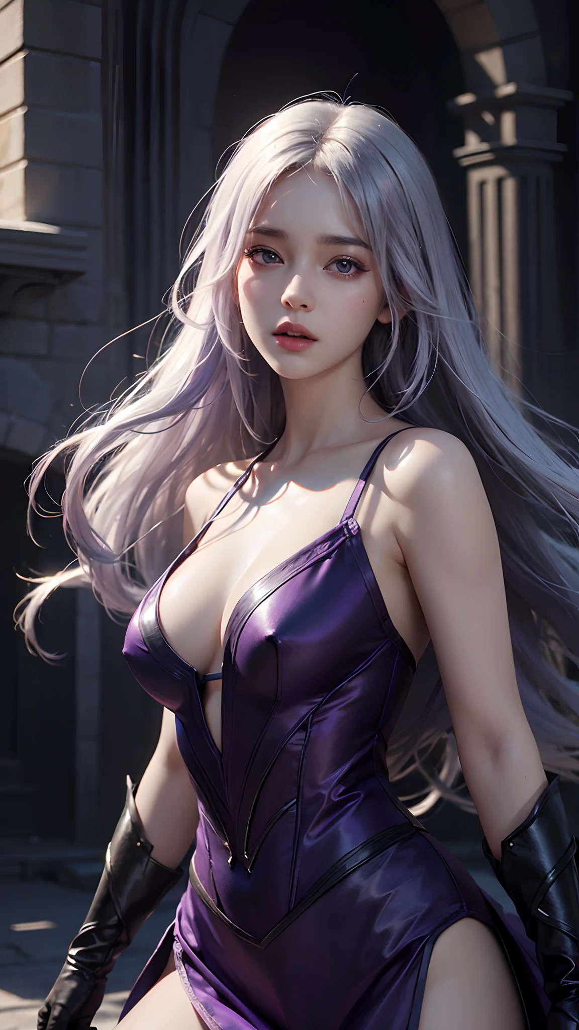 4k, fantasy art, photo realistic, dynamic lighting, artstation, poster, volumetric lighting, very detailed faces, award winning, 1girl, deep shadow, beautiful shot, purple dress, long hair, white hair, beautiful background, whole body capture, attractive pose,