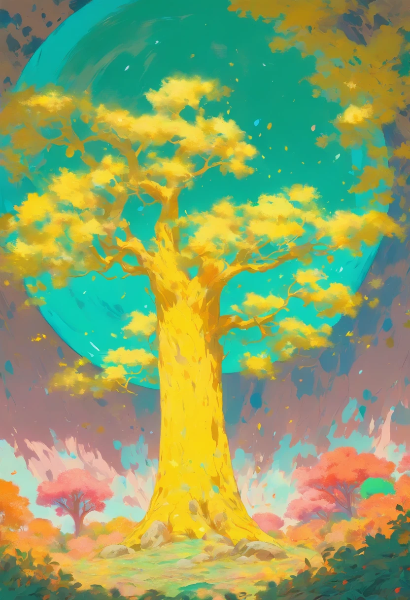 A background of a gigantic moon, with the silhouette of a sweet olive tree on it, yellow trees along the sides of the image, yellow grass in the front ground, a big boulder in the middle, some little creatures before the boulder, acrylic painting, similar to the style of [David Hockney], [Andy Warhol], and [Roy Lichtenstein], light and cool lighting, flat and smooth surfaces of paint, saturated and pop colors, close-up shot, shape and contrast