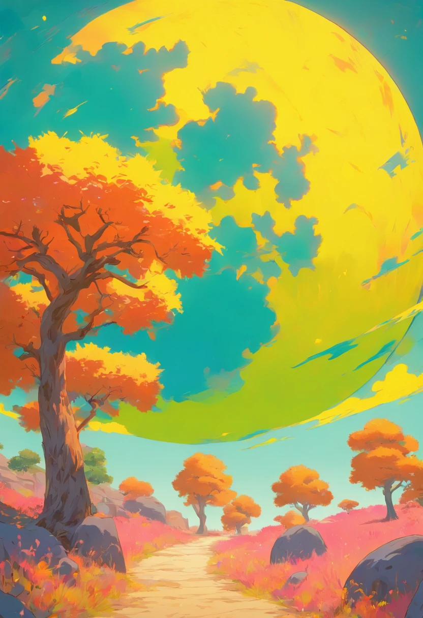 A background of a gigantic moon, with the silhouette of a sweet olive tree on it, yellow trees along the sides of the image, yellow grass in the front ground, a big boulder in the middle, some little creatures before the boulder, acrylic painting, similar to the style of [David Hockney], [Andy Warhol], and [Roy Lichtenstein], light and cool lighting, flat and smooth surfaces of paint, saturated and pop colors, close-up shot, shape and contrast