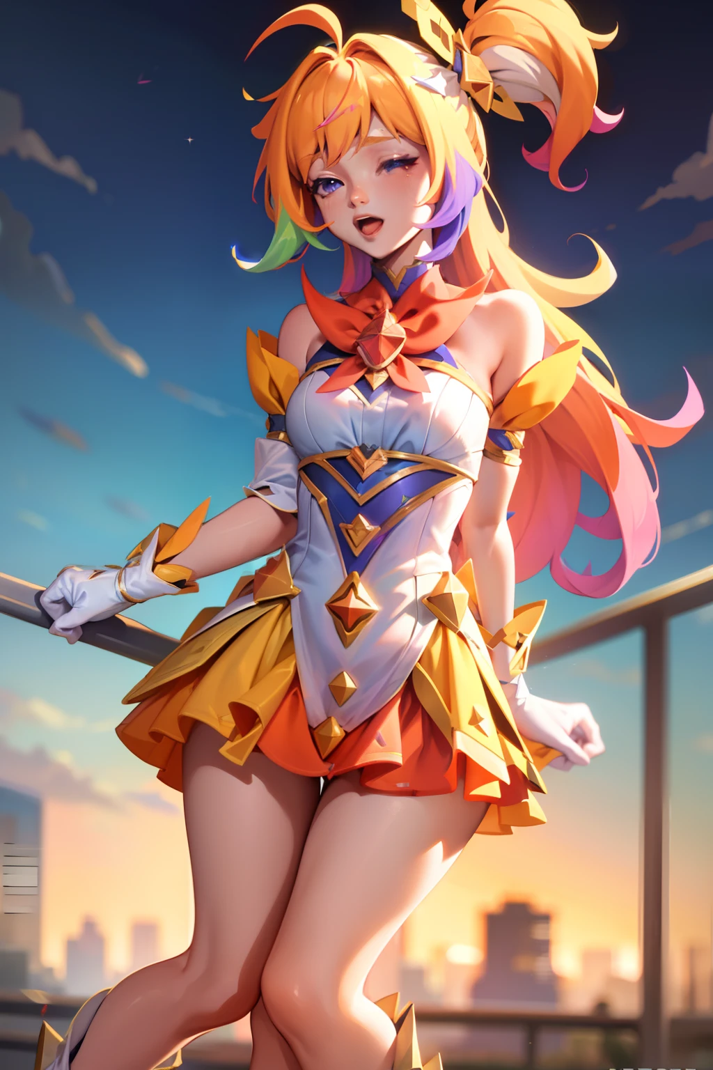 star guardian seraphine, blonde hair, orange hair, multicolored hair, multicolored clothes, dress, hair bow, detached sleeves, magical gir,bound, restrained, silk