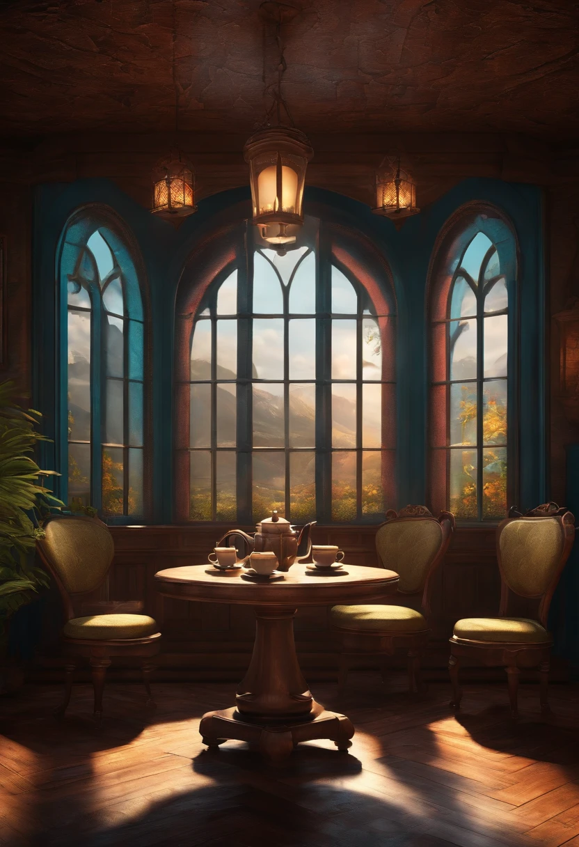 Fantasy background, Cafe RPG Style, Empty chair, The table, Set of tea glasses