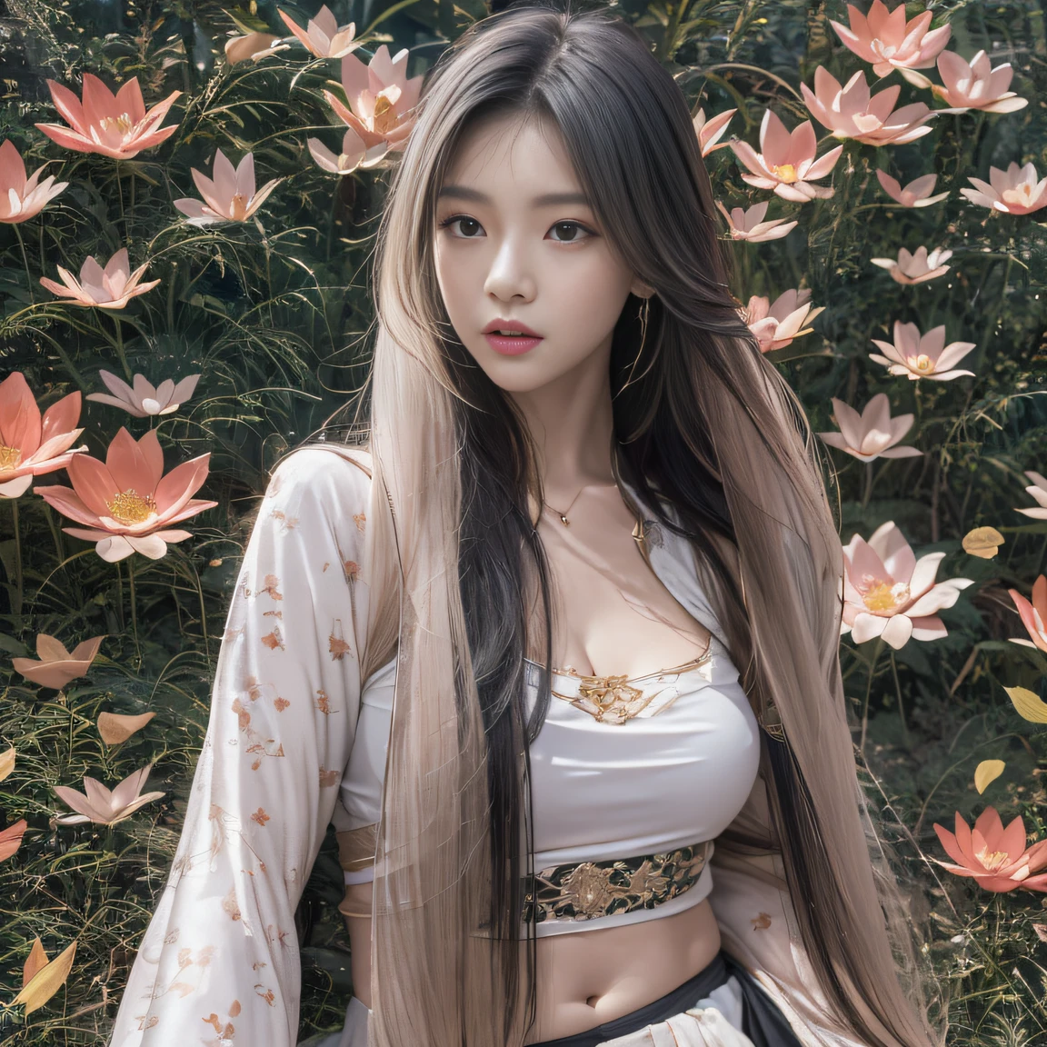 32K（tmasterpiece，k hd，hyper HD，32K）Long flowing black hair，ponds，zydink， a color， Xuzhou people （Silly girl）， （Silk scarf）， Combat posture， looking at the ground， long whitr hair， Floating hair， Carp pattern headdress， Chinese long-sleeved clothing， （abstract ink splash：1.2）， Pink petal background，Pink and white lotus flowers fly（realisticlying：1.4），Black color hair，Fallen leaves flutter，The background is pure， A high resolution， the detail， RAW photogr， Sharp Re， Nikon D850 Film Stock Photo by Jefferies Lee 4 Kodak Portra 400 Camera F1.6 shots, Rich colors, ultra-realistic vivid textures, Dramatic lighting, Unreal Engine Art Station Trend, cinestir 800，Long flowing black hair，Denim skirt