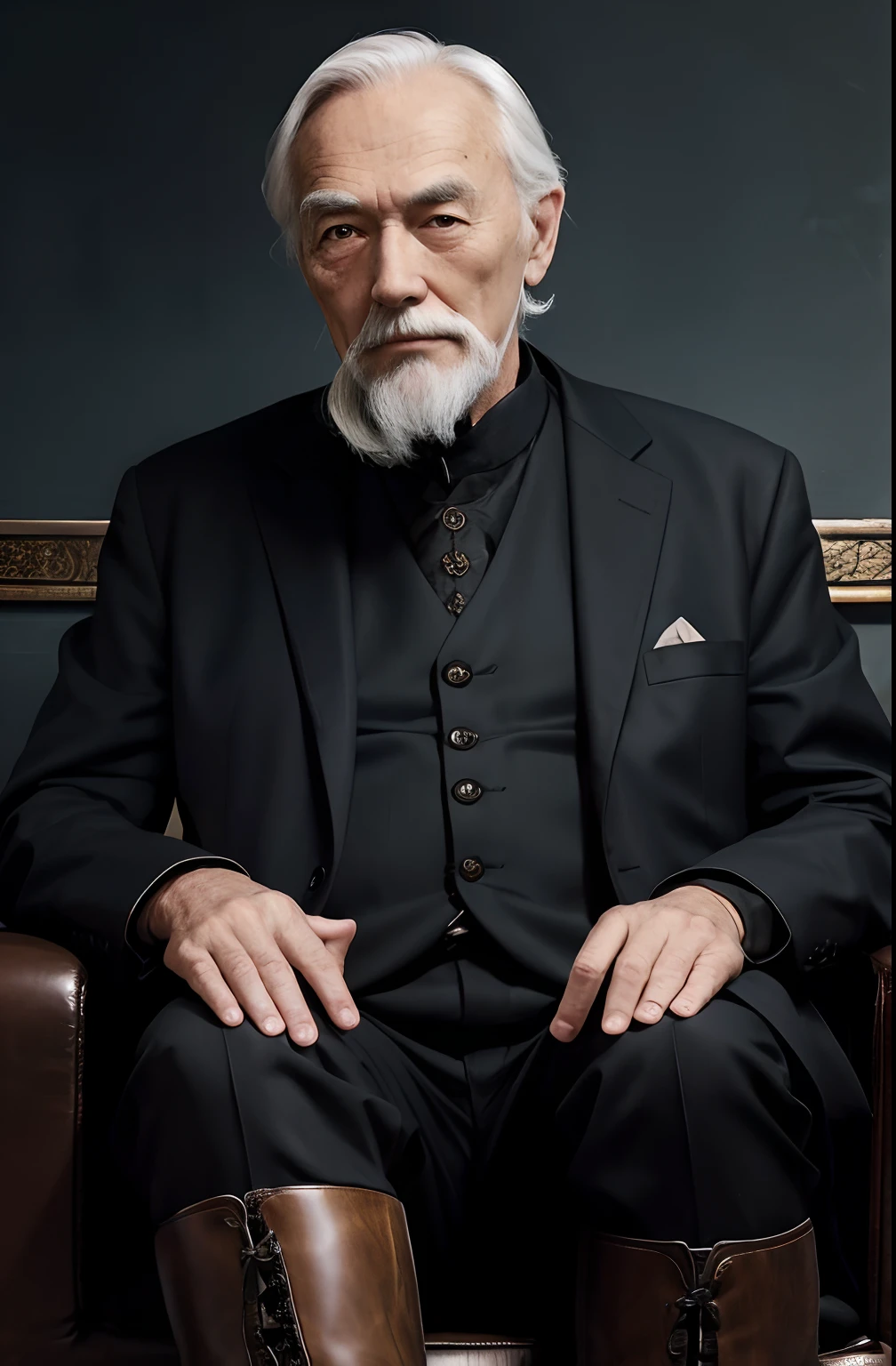 Old gentleman in black riding boots,with a goatee,The light source is in the upper left corner。