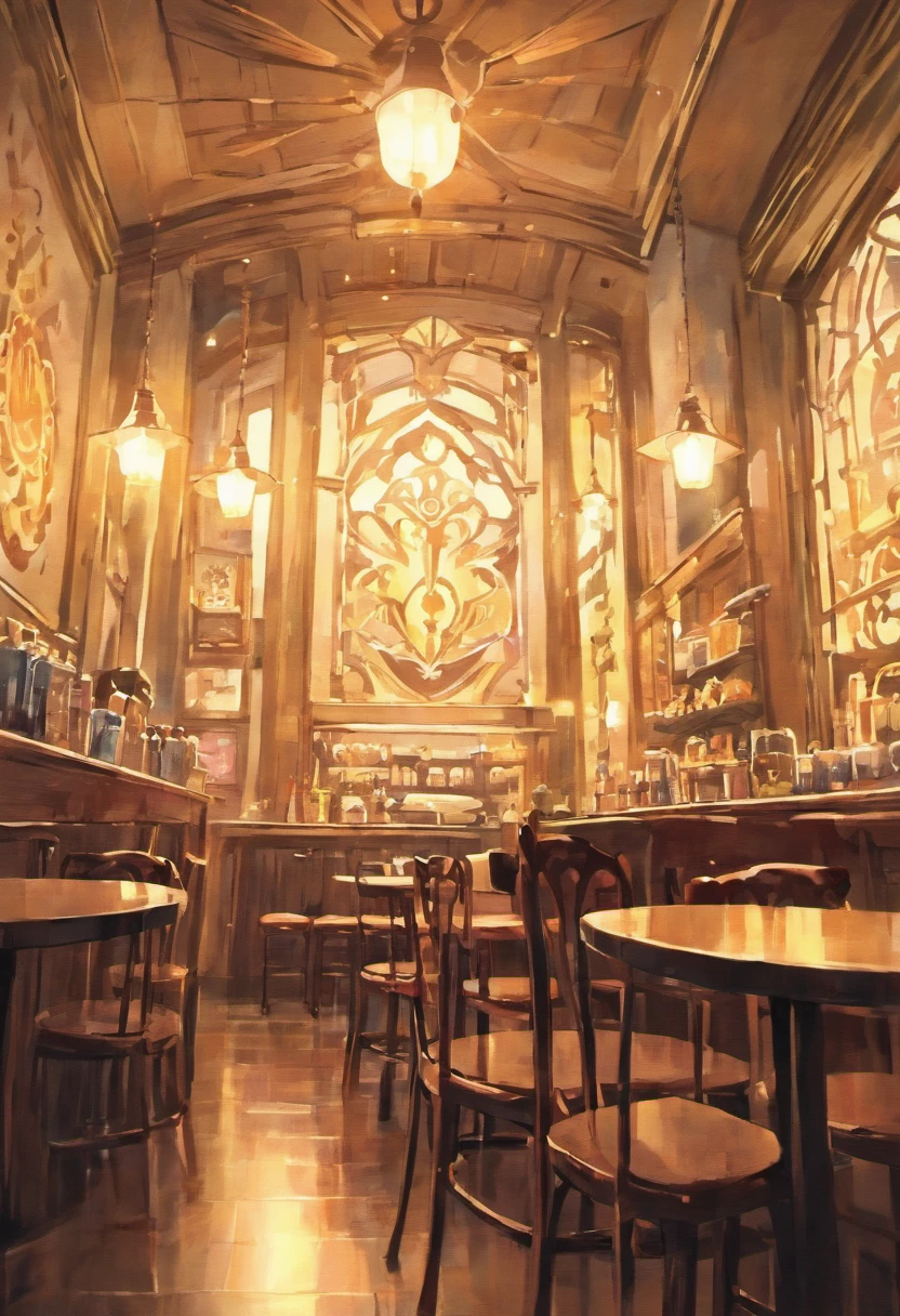 Fantasy background, Cafe RPG Style, Empty chair, The table, Set of tea glasses