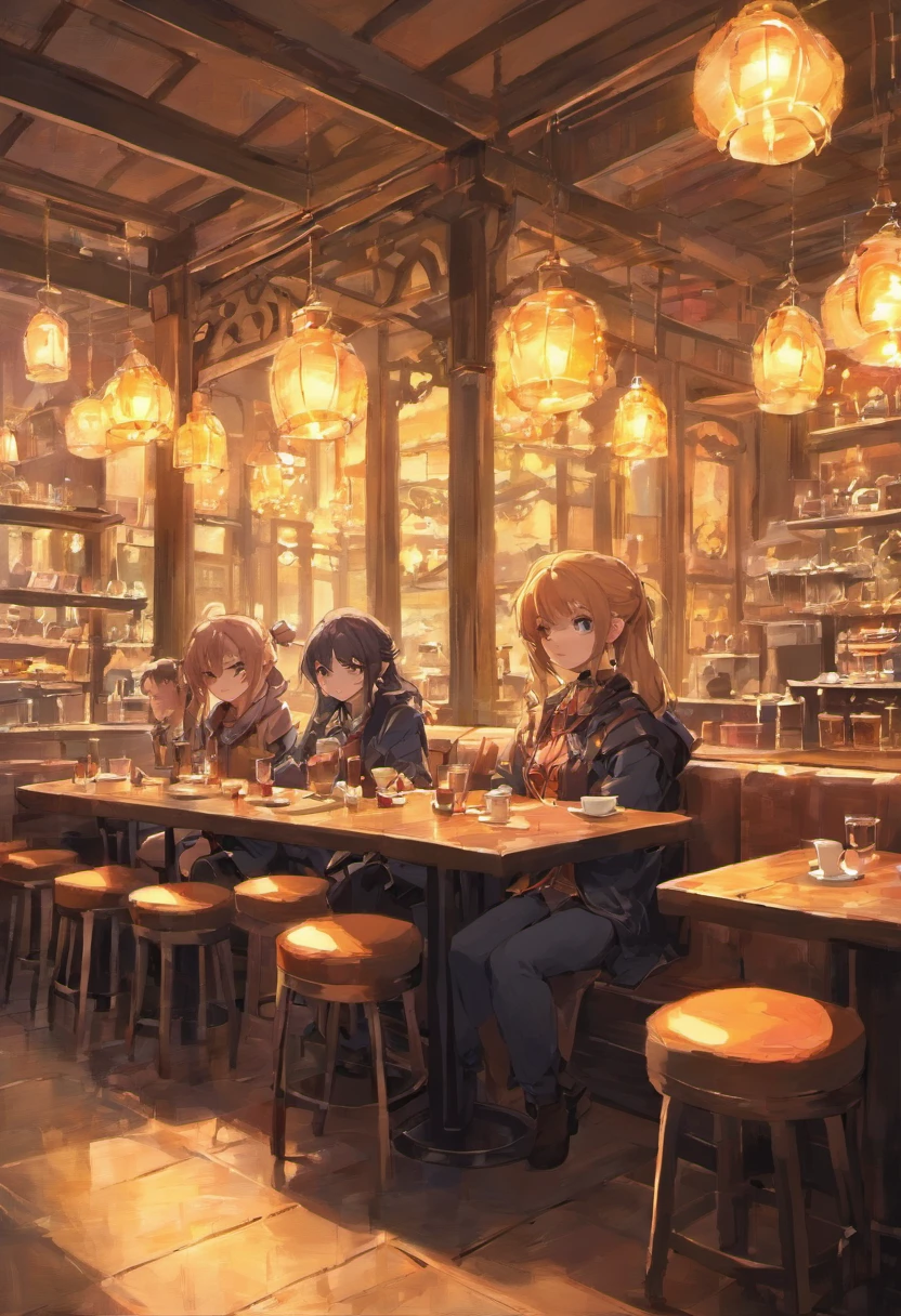 Fantasy background, Cafe RPG Style, Empty chair, The table, Set of tea glasses