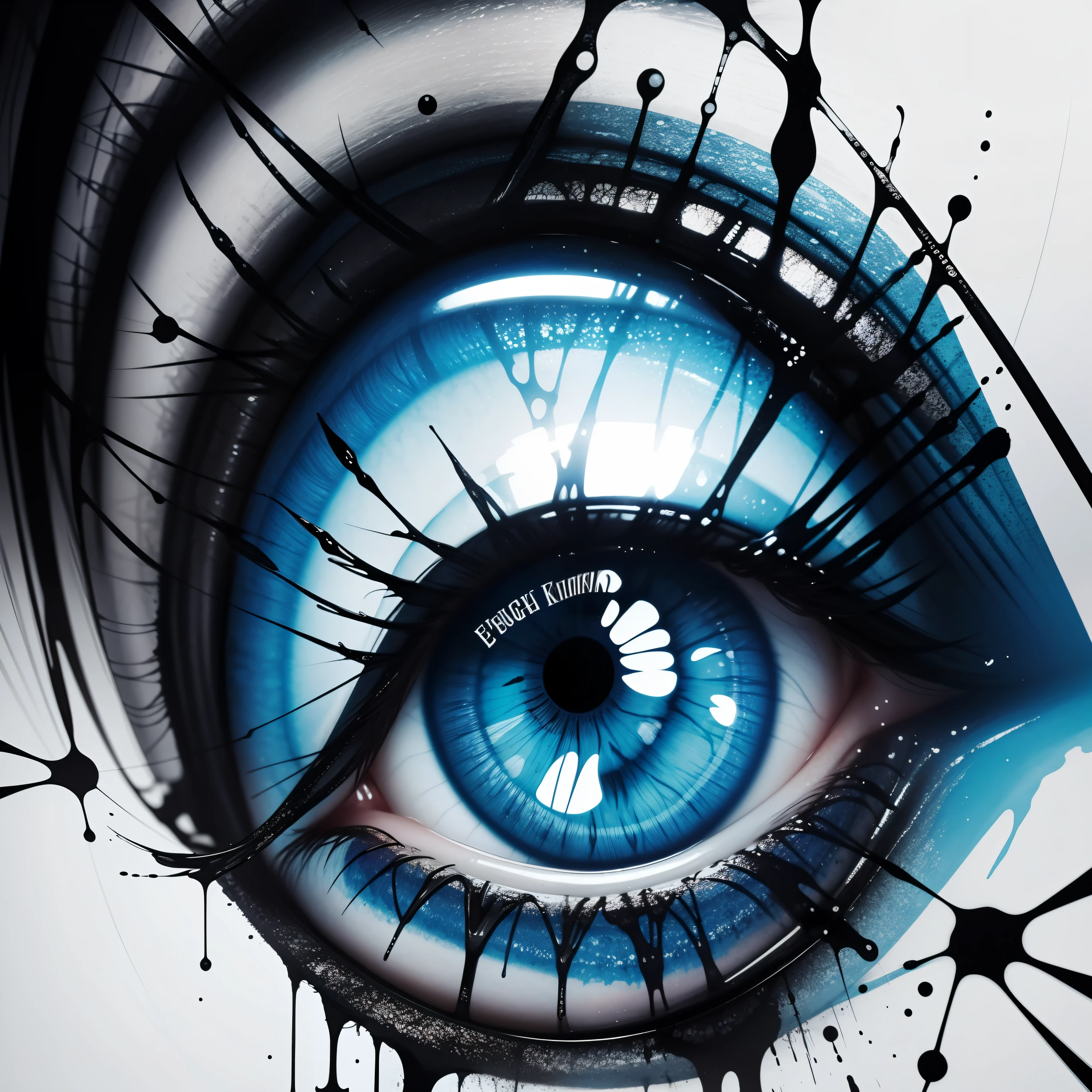 1girl, blue eye, Ink splatter, Ink drip, Escher