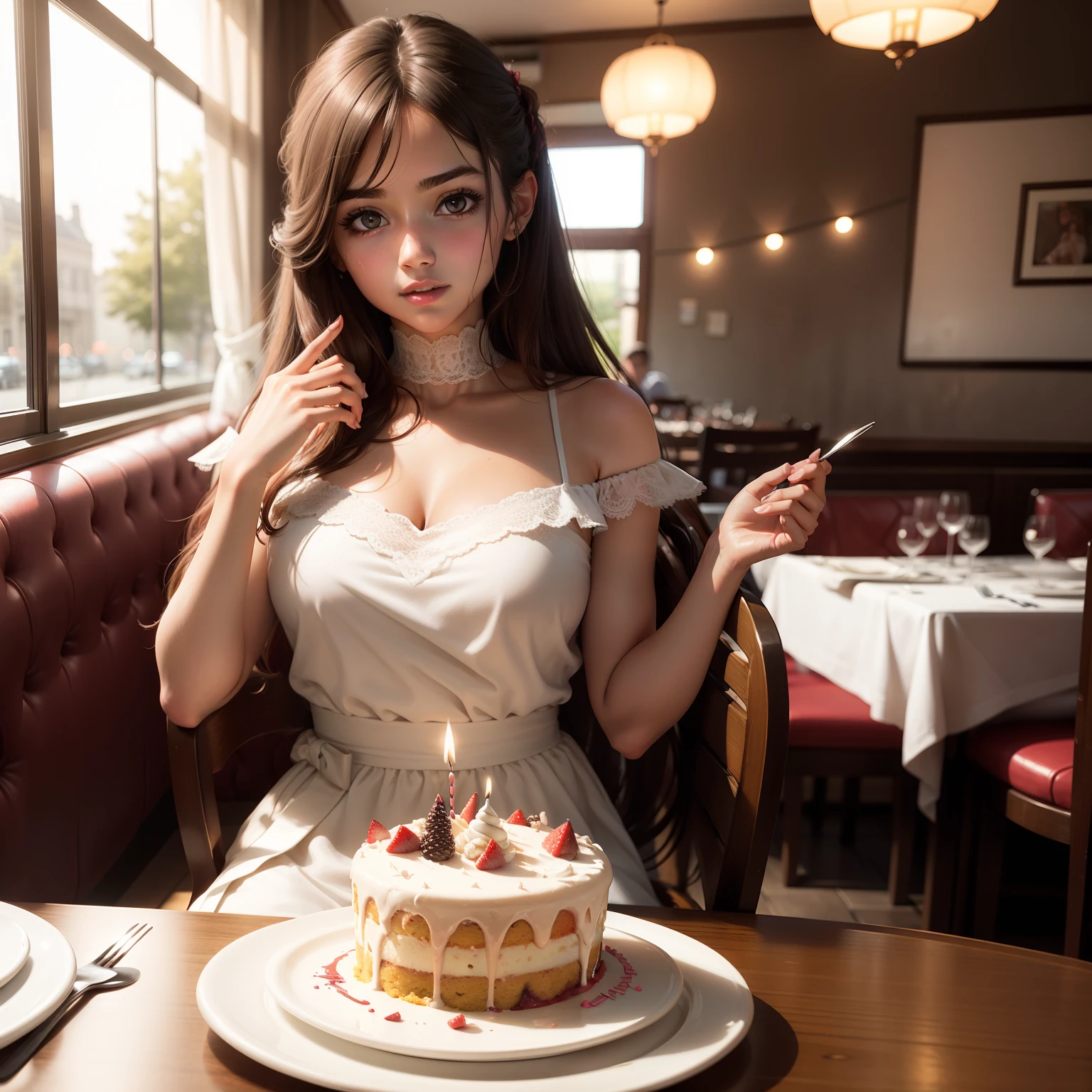 A beautiful girl，Birthday cake in both hands in beautiful restaurant