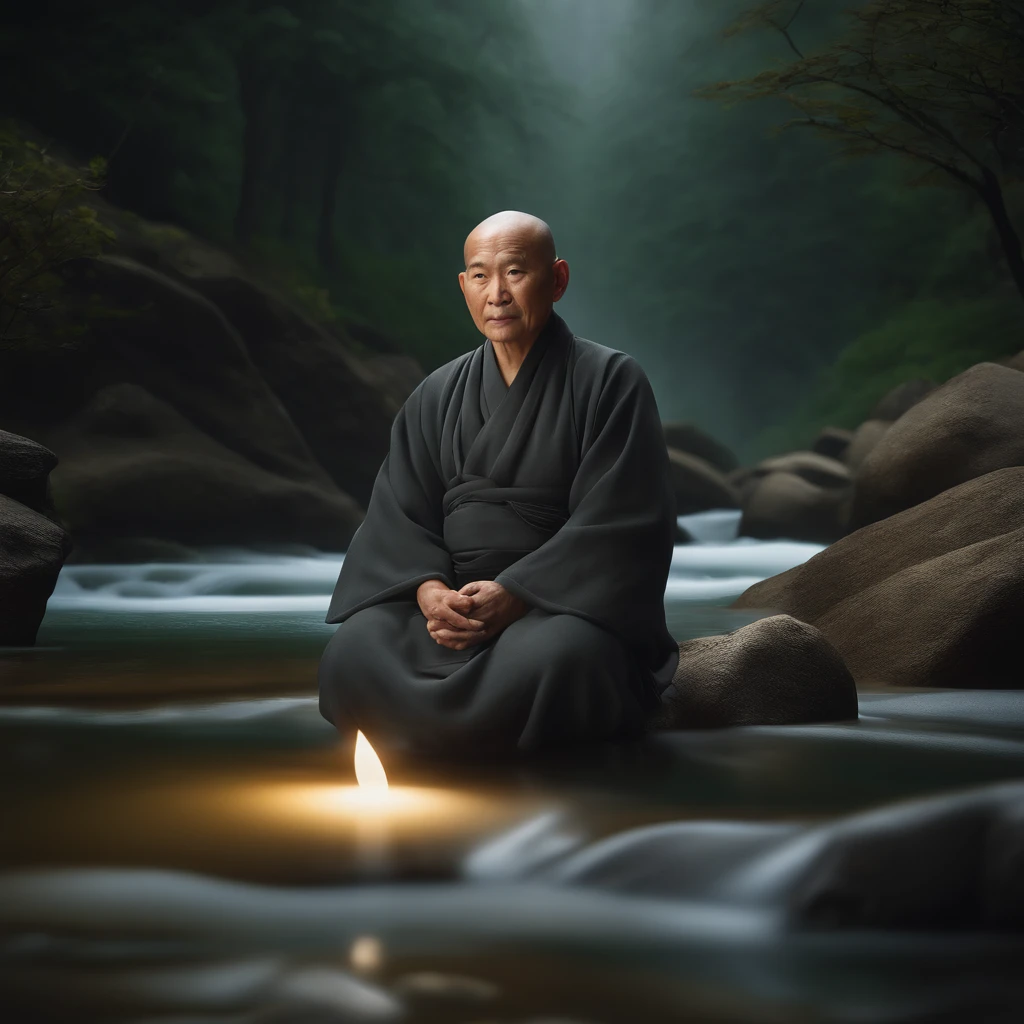 Arafed man sitting on rocks in a river with a light shining on his face ...