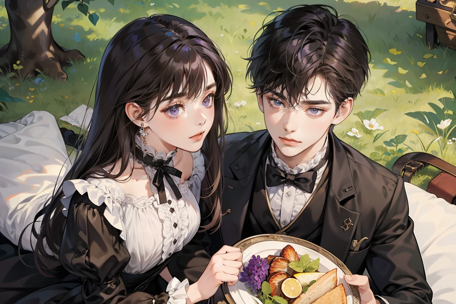 Couple, 1 girl 1 boy, different hair color, girl with long black bang hair and purple eyes, boy with short brown hair and grey eyes, romance, Victorian era, picnic