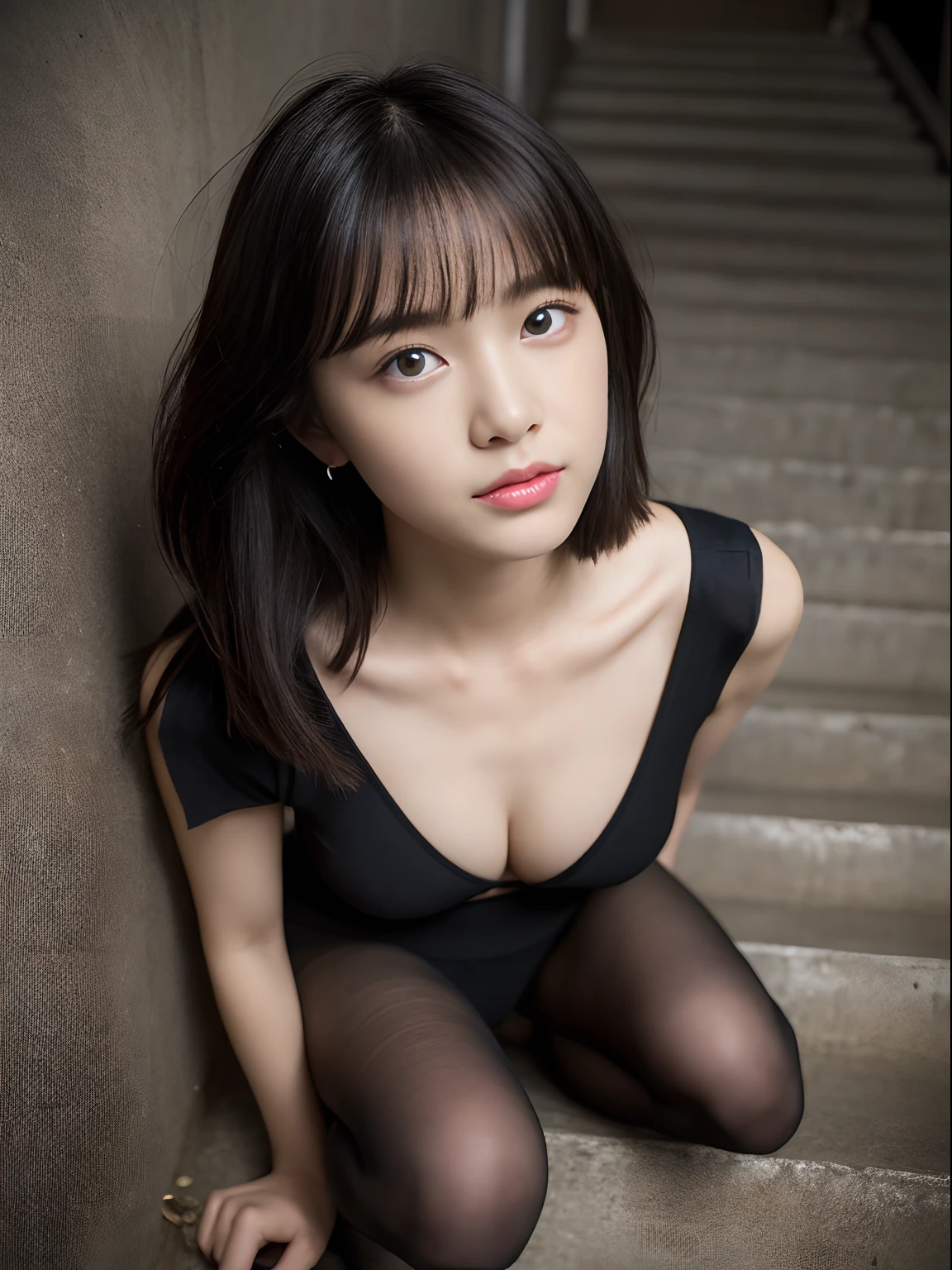 (((32k,high detal,high-detail、masterpiece,Attention to detail,full body Esbian,独奏))),Raw photo & realistic atmosphere,beautiful dark blue eyes,Detailed mouth,Glossy lips,Detailed eyebrows,Eyes drawn in detail with soft white skin that shines with every detail、azure eyes,Very beautiful eyes,Detailed lips、Very beautiful face,Very well-formed face、Lifelike face,shiny beautiful lips, Realistic Young Gravure Idol, Very beautiful high school girl, ,Unreasonably beautiful, Young Sensual Gravure Idol, Young Gravure Idol, Beautiful and cute17 schoolgirl,the whole body is wet,dripped out,with a flushed face,Incredibly beautiful17-year-oldl,shocut,Brown shiny hair,Hair is wet,Dripping water,dripping,Sitting on the stairs with open legs,(Black pantyhose,See-through underwear with black top and bottom,Beautiful kind eyes,Looking at the camera:1.4),(darkness,Very dark,Pitch-black staircase without street lights,Illuminate the subject with a flashlight,spot light:1.7),(,Slightly longer pleated skirt,youthfulness,Bra only for upper body,The lower part of the body is pleated skirt and panties are visible.,Bra Exposure,Shot in the center of the belly,well-shaped breasts,,Immature body, shot from top,High-angle shot from directly above,Shot from the air,Frightened,Eyes that are about to cry,I'm afraid of moist eyes,obey,Threatened:1.5)