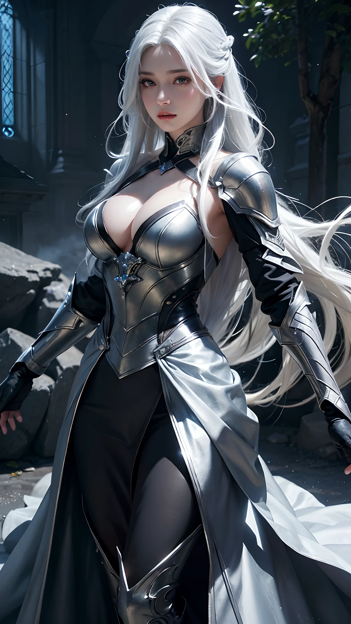 4k, fantasy art, photo realistic, dynamic lighting, artstation, poster, volumetric lighting, very detailed faces, award winning, 1girl, deep shadow, beautiful shot, diamond dress, long hair, white hair, beautiful background, whole body capture, attractive pose,