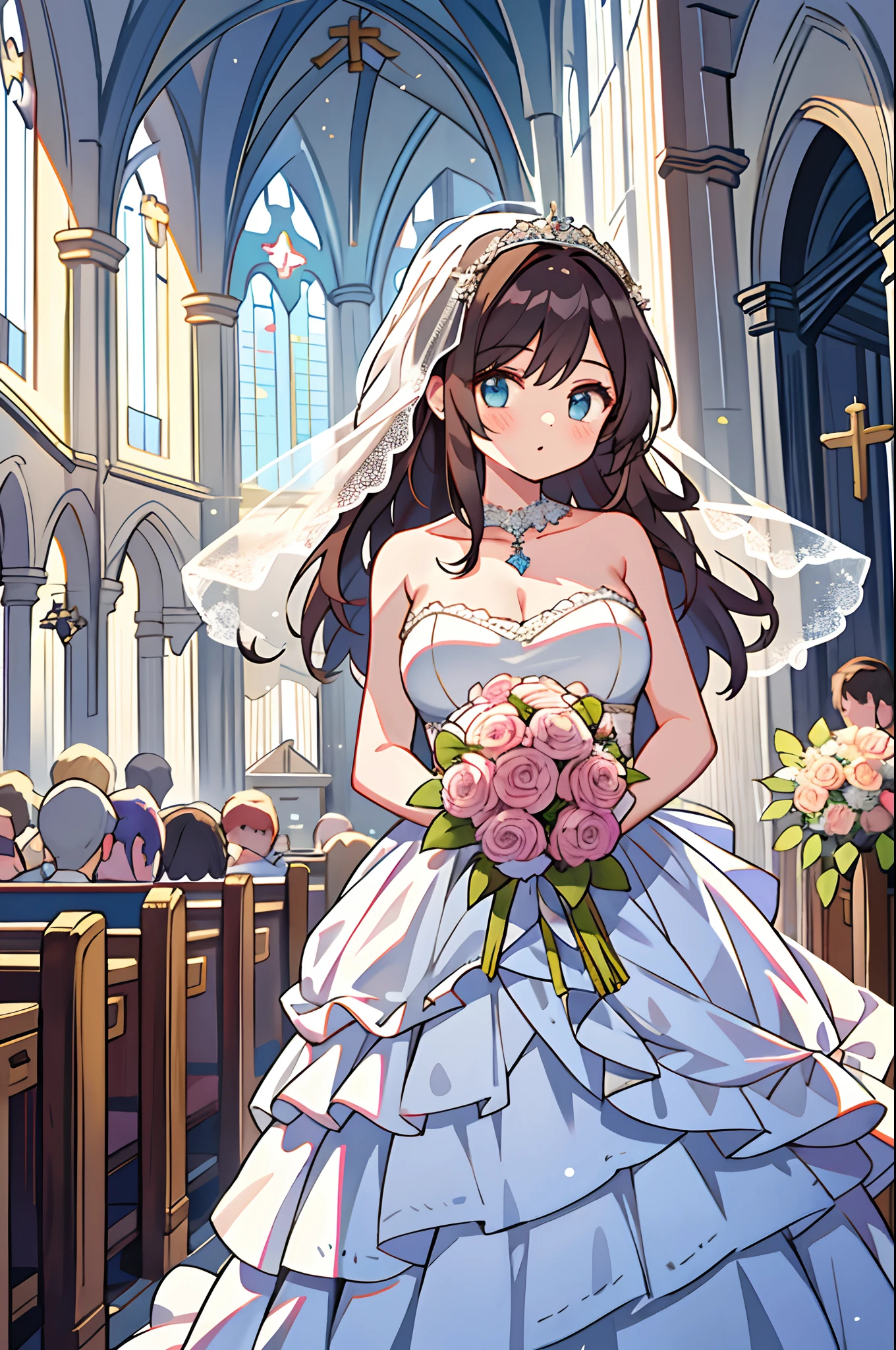 1girl, large breasts, wedding dress, church, looking at viewer, holding bouquet,