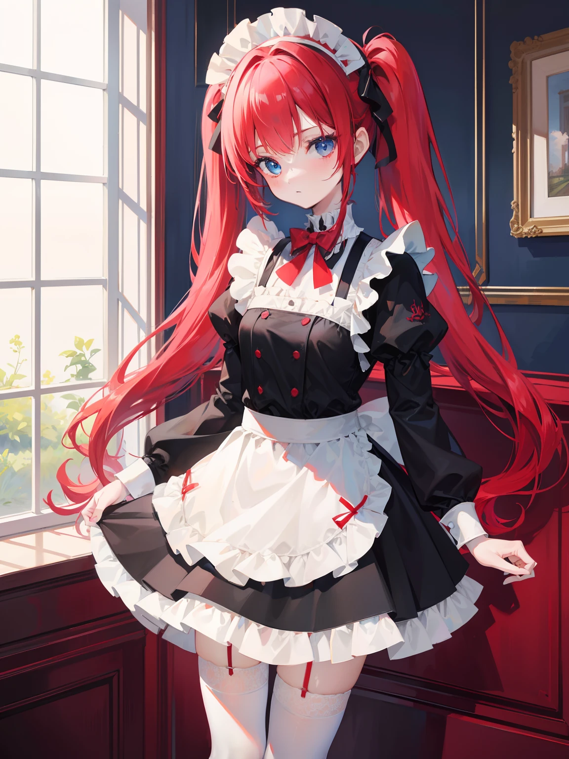 red hair,blue eyes,twintails,maid, long hair, long sleeves, gothic, solo, loli,Short skirt, white stockings,{{best quality}}, {{masterpiece}}, {{ultra-detailed}}, {illustration}, {detailed light}, {an extremely delicate and beautiful}, girl,cute,