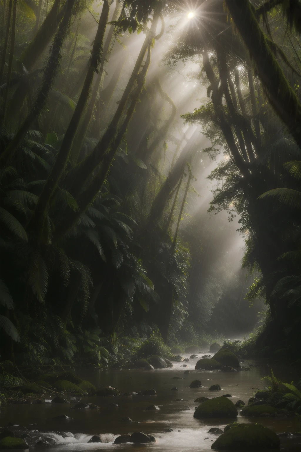 (best quality:1.4), highres, masterpiece, rain forest, soft light, rainy, river , fog, morning sunlight, (calming)