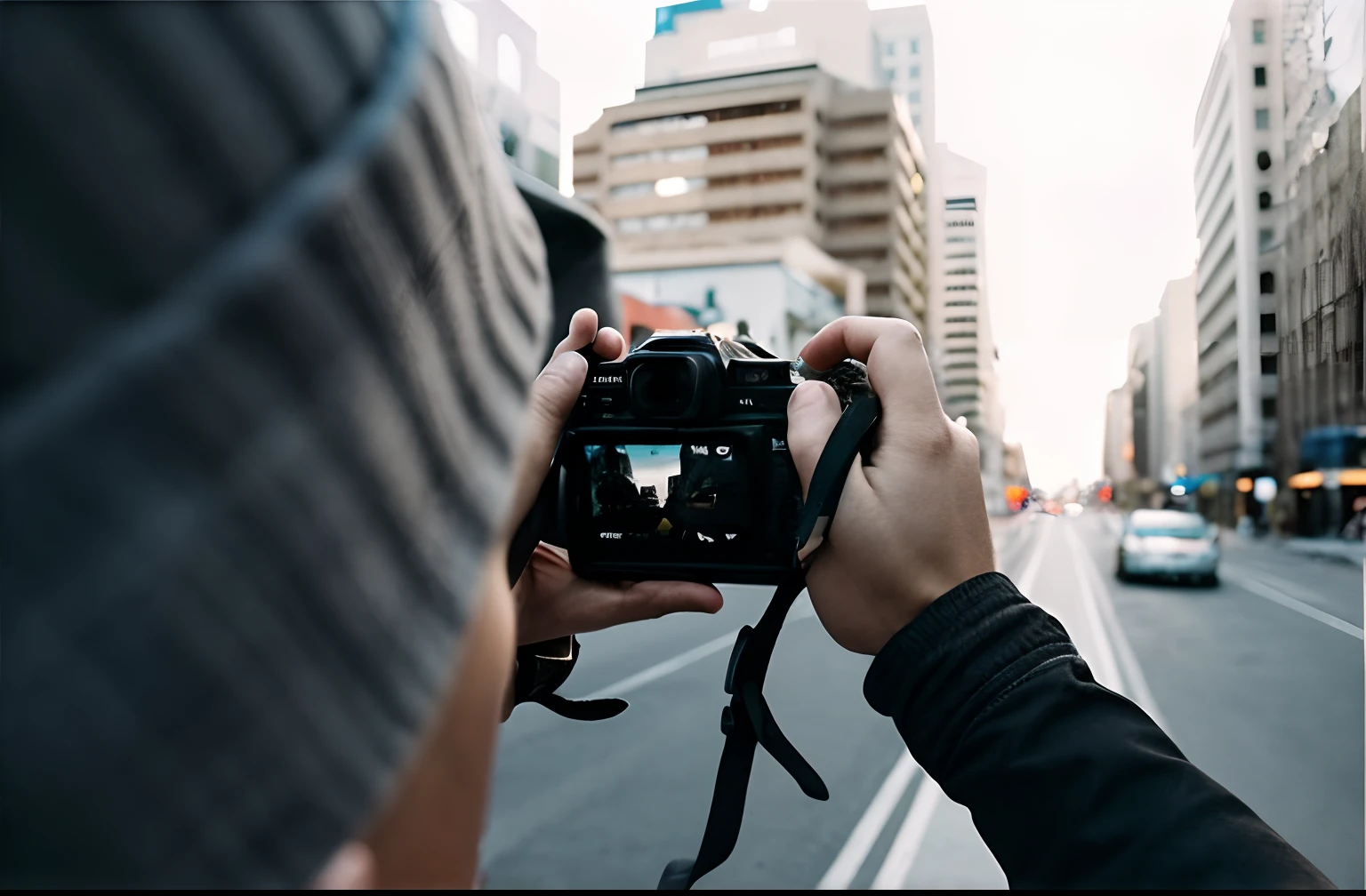 Someone used a camera to shoot on the street, Shooting with a DSLR, Splash-free photography, Handheld DSLR camera, style of photography, Street photography style, detailed cinematic photography, 4x5 style street photography, cinematic photogtaphy, Low-lens camera, urban photography, photographed, Parallax photography, urban photography