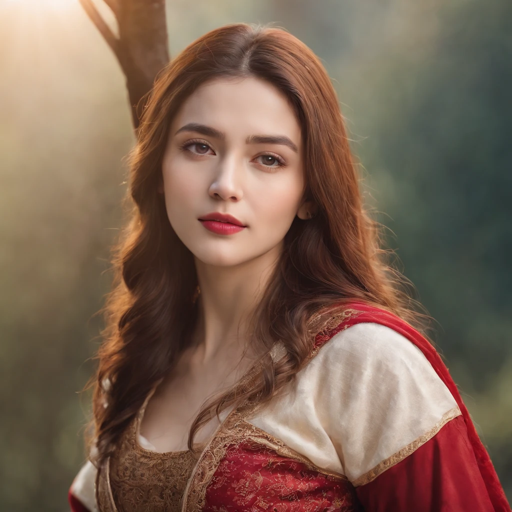 A 17 year old girl, tall pointy turkish high bridge nose, with a back long flowy wavy hair, eyes with multiple eyelid, white skin looks like milk or, deep brown piercing eyes with strong striking yet tender gaze, serious mean evil expression and evil smirk without single wrinkle, red lips, wearing polite yellow red long hanfu with royalty look, face look pale mixed caucasian, voluptuous body type female, background a human skeleton seated on a throne, Edward Robert Hughes art style, low-angle shot, warm color grading, rear projection, light leaks, golden hour, long exposure, lens flare, close-up shot, extreme close-up