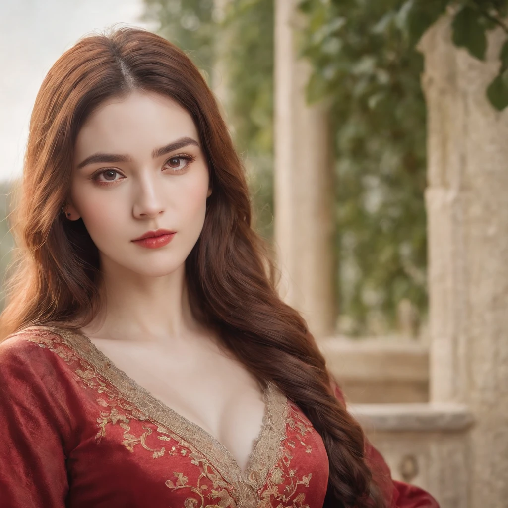 A  girl, tall pointy turkish high bridge nose, with a back long flowy wavy hair, eyes with multiple eyelid, white skin looks like milk or, deep brown piercing eyes with strong striking yet tender gaze, serious mean evil expression and evil smirk without single wrinkle, red lips, wearing polite yellow red long hanfu with royalty look, face look pale mixed caucasian, voluptuous body type female, background a human skeleton seated on a throne, Edward Robert Hughes art style, low-angle shot, warm color grading, rear projection, light leaks, golden hour, long exposure, lens flare, close-up shot, extreme close-up