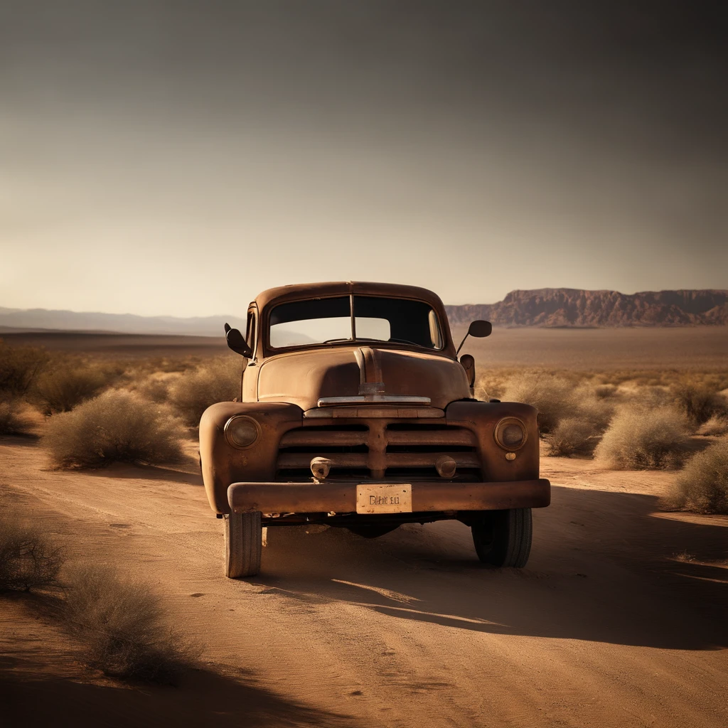 A white-skinned woman with brown hair in Mad max-style clothes with a naked hairy cunt stands on a rocky wasteland against the background of a Mad max-style car