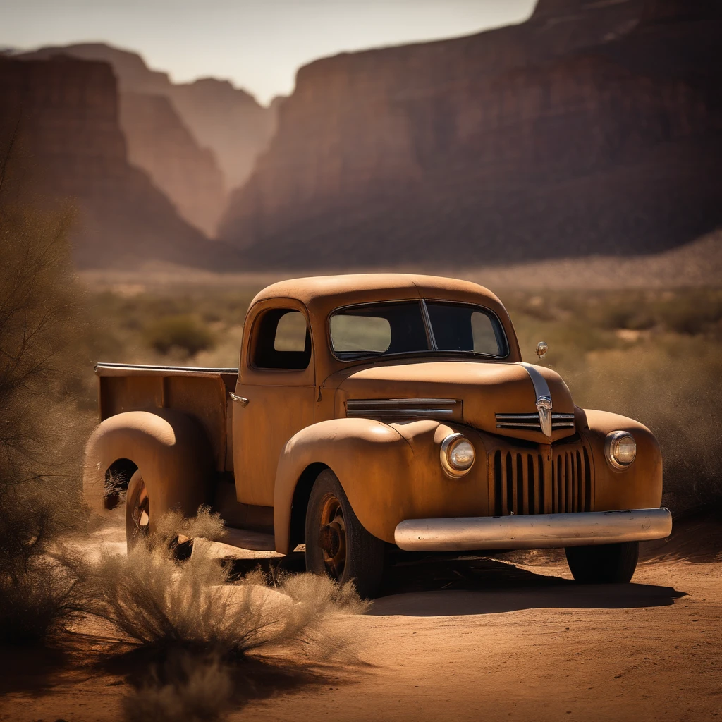 A Photograph that captures the essence of a timeless desert scene, with an old, rusted truck as the focal point. The exquisite detail of the truck's weathered paint and worn textures are highlighted in muted earth tones and warm, golden hues. The high-contrast lighting elevates the drama, casting deep shadows that emphasize the ruggedness of the landscape. As the sun sets, a nostalgic sense of isolation and the passage of time envelops the scene, evoking a bittersweet longing for the days gone by.