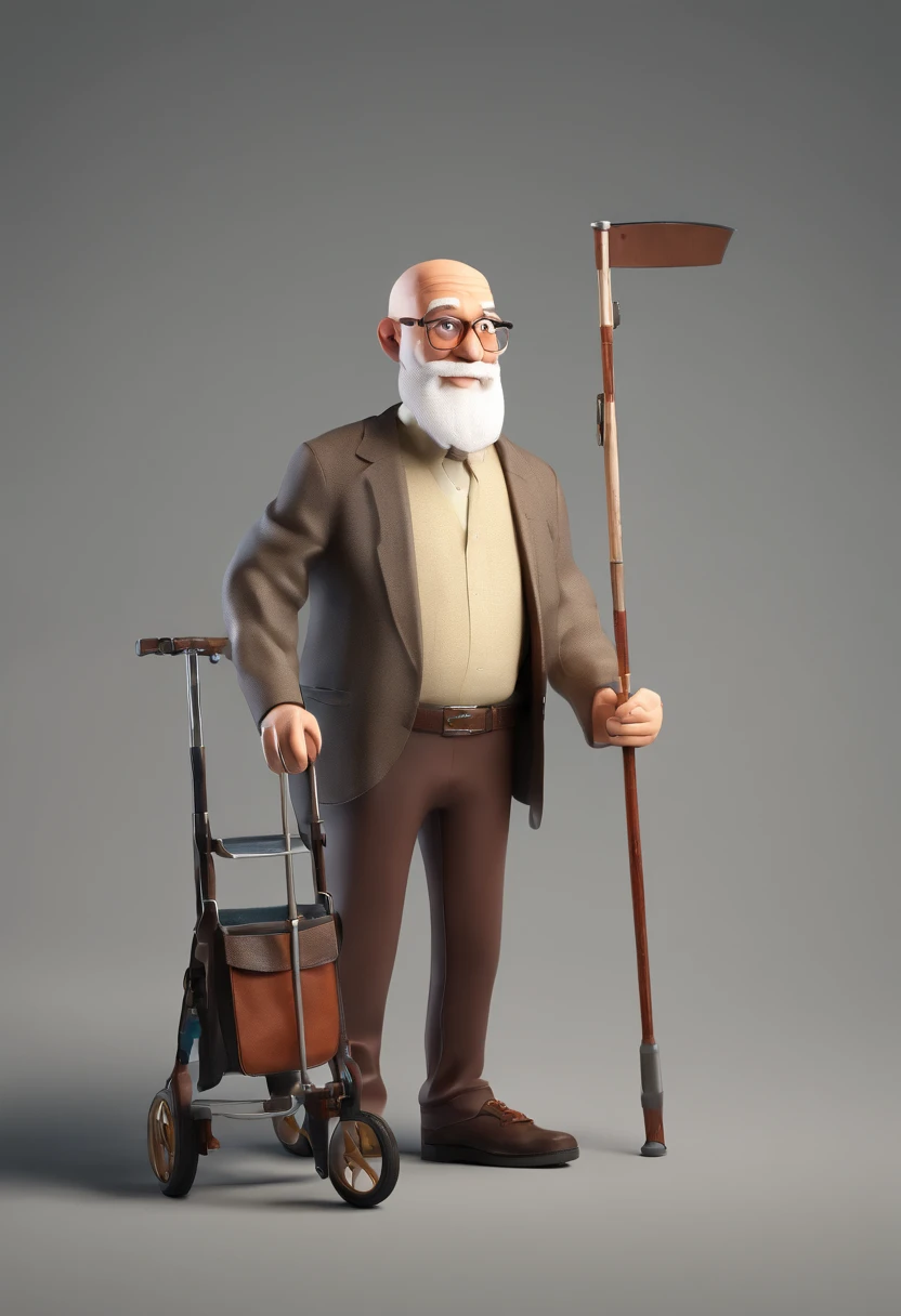 An old man with a white beard, bald head, glasses, and crutches