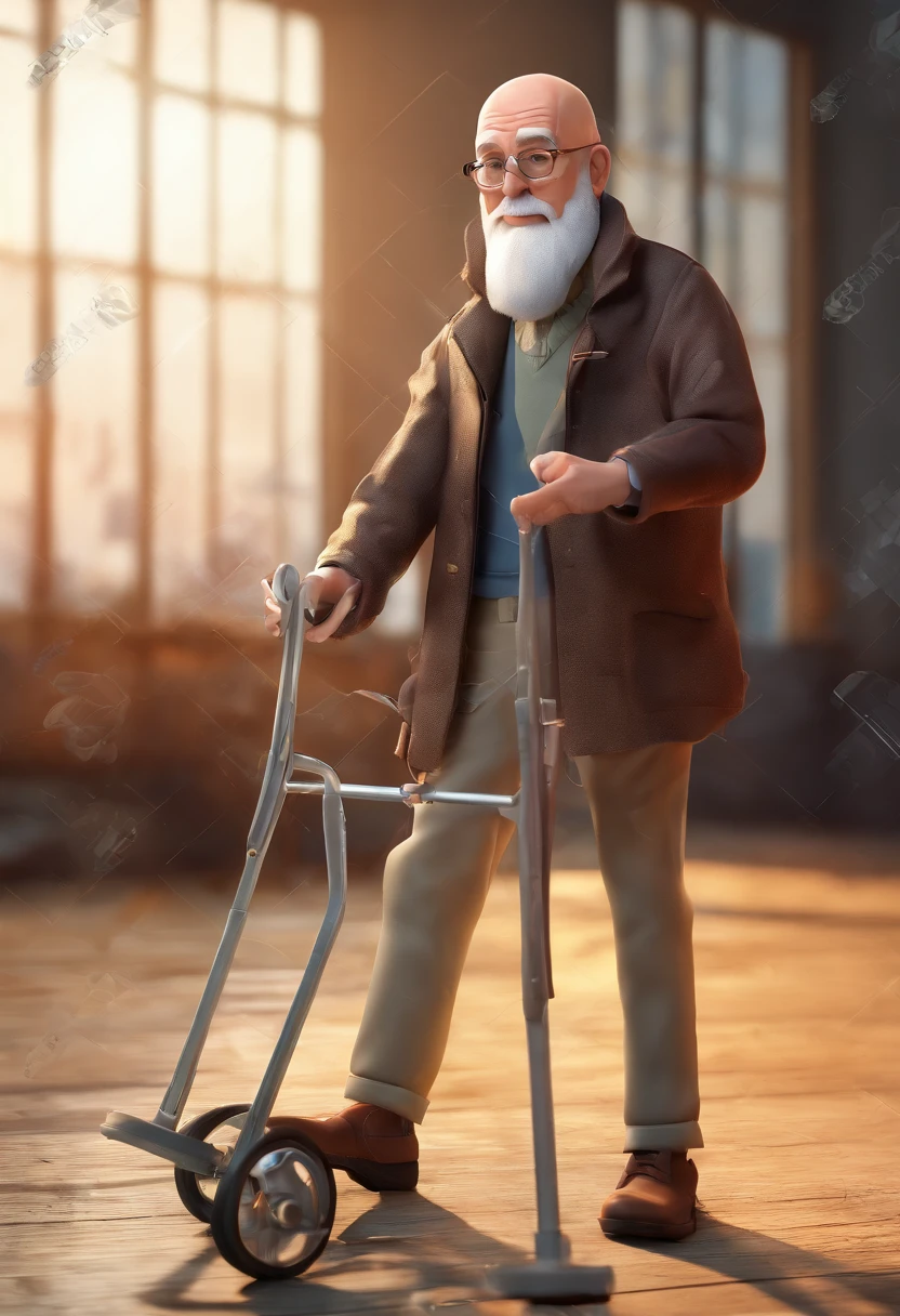 An old man with a white beard, bald head, glasses, and crutches
