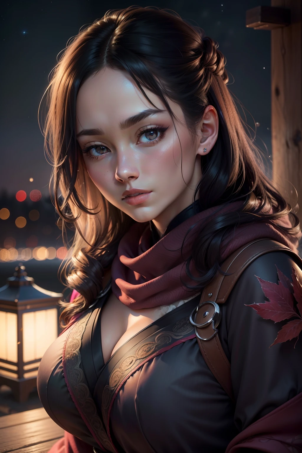 "(best quality,4k,8k,highres,masterpiece:1.2),ultra-detailed,(realistic,photorealistic,photo-realistic:1.37),portrait,dark,fantasy,park bench,cold fall night,beautiful detailed eyes,beautiful detailed lips,long eyelashes,pink ninja,big bouncing breasts,Japanese woman,serene expression,warm clothes,crimson leaves,faint moonlight,starry sky"