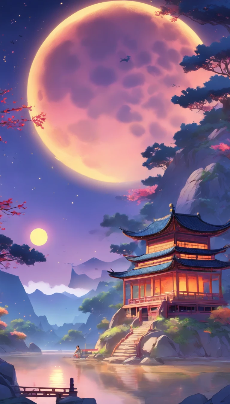 A Chinese-style pavilion, with a stone table and stone stools in front of it, a huge yellow moon in a dark blue sky, a few stars in the sky, faint clouds, mountains in the distance, a one-story ancient Chinese building in the midground, children’s illustration style, cute style, 2d, animation style