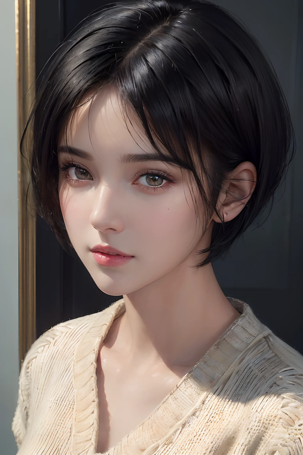 (masterpiece:1.3), (8k, photorealistic, RAW photo, best quality: 1.4), (1girl), beautiful face, (realistic face), (black hair, short hair:1.3), beautiful hairstyle, realistic eyes, beautiful detailed eyes, (realistic skin), beautiful skin, (sweater), absurdres, attractive, ultra high res, ultra realistic, highly detailed, golden ratio