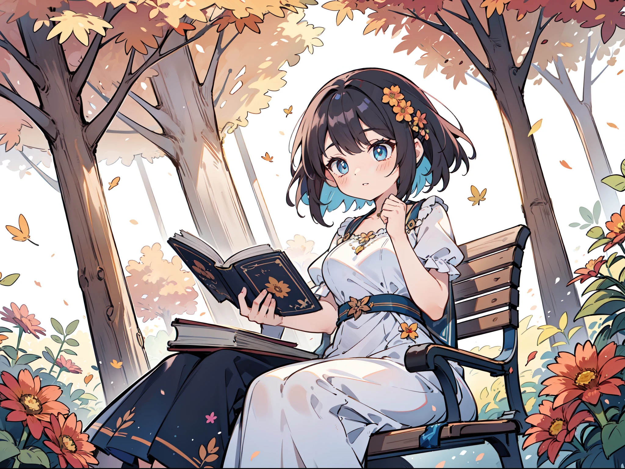 A woman sits on a bench swing placed in a flower garden, reading a book on her lap. She has a beautiful face and brightly colored shining eyes. She is wearing a classical, autumnal dress. Her hair blowing in the autumn breeze and flowers dancing in the wind. Detailed drawing. Vivid colors. High image quality.