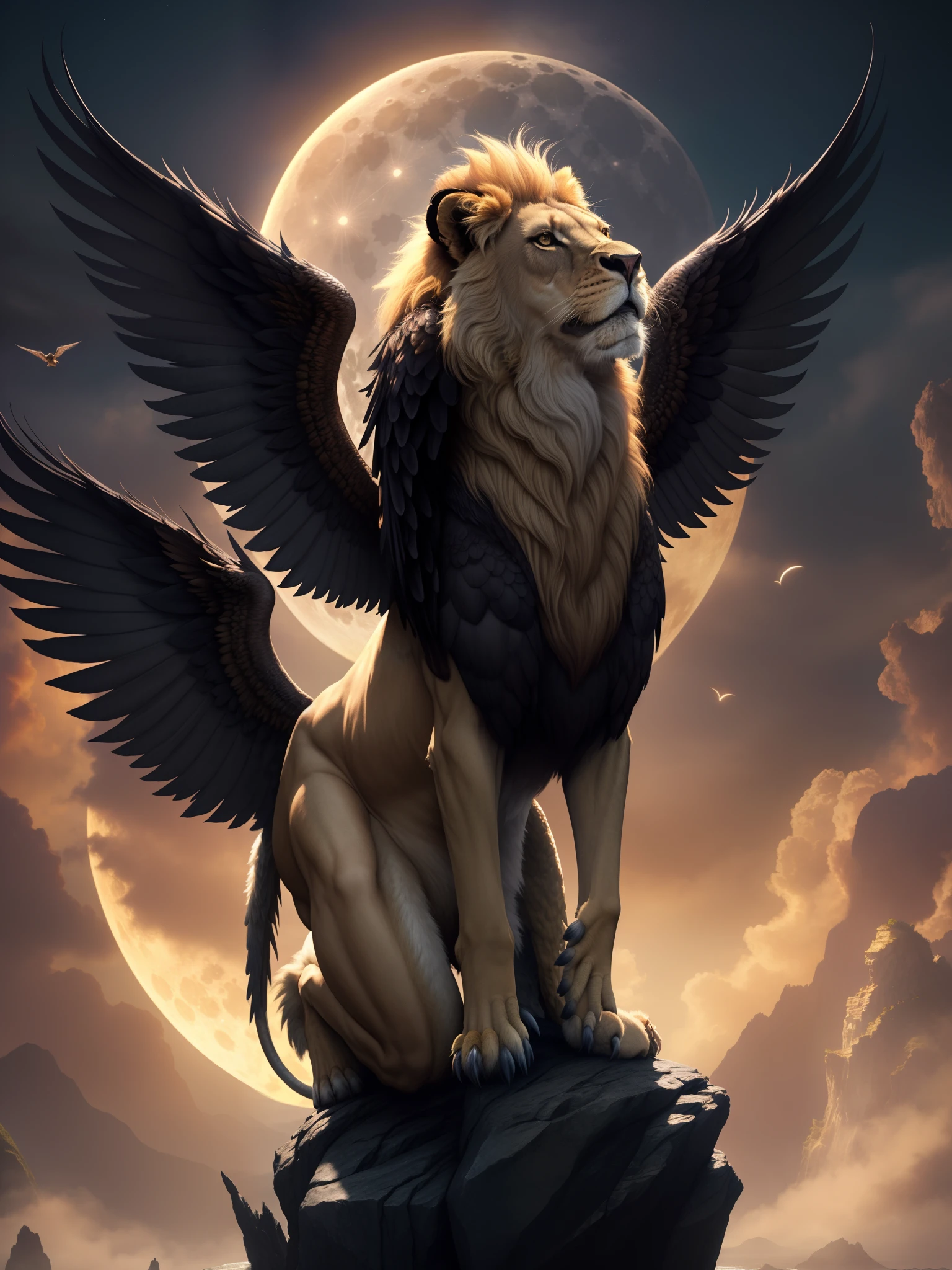 There is a lion with wings sitting on a rock with a full moon in the background, realistic fantasy illustration, Directed by: Cynthia Sheppard, Arte de fantasia 4k, arte fantasia behance, mytical creature, arte de fantasia de alta qualidade, black lion with peacock wings, Epic Fantasy Digital Art Style, Gryphon, Arte digital altamente detalhada em 4k, gorgeous goddess of leo