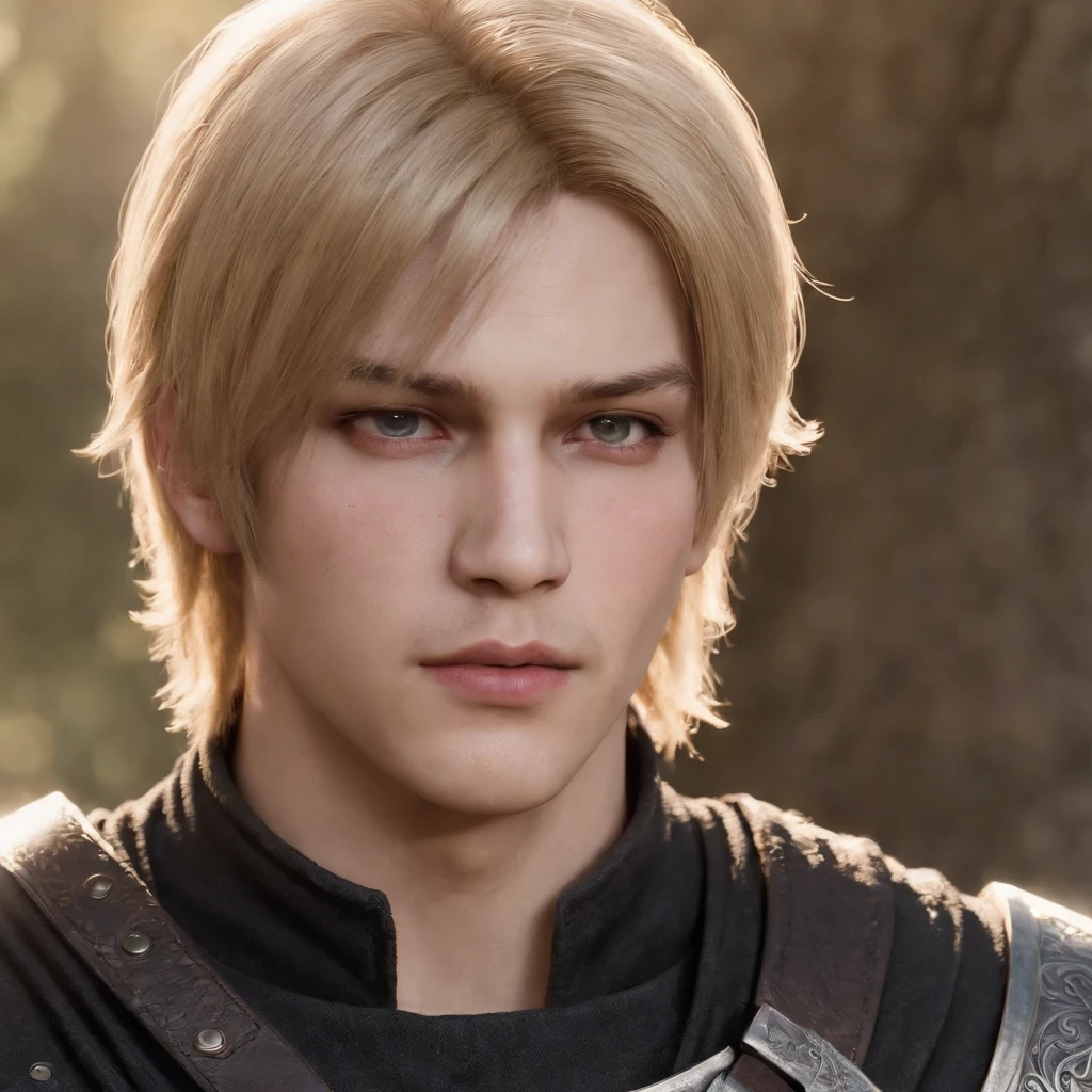 A 19 year old boy with a medium shoulder long spike yellow blonde hair with bangs cover both ears like leon kennedy from resident evil, and part of both cheeks like minato or sasuke, thin beard white reddish skin looks like milk or dark night sky blue piercing eyes with strong striking gaze, mean expression yet still look pretty and innocent without single wrinkle, a little chubby cheek, pink lips, wearing black shirt medieval age knight, background ancient battle field full of dead body