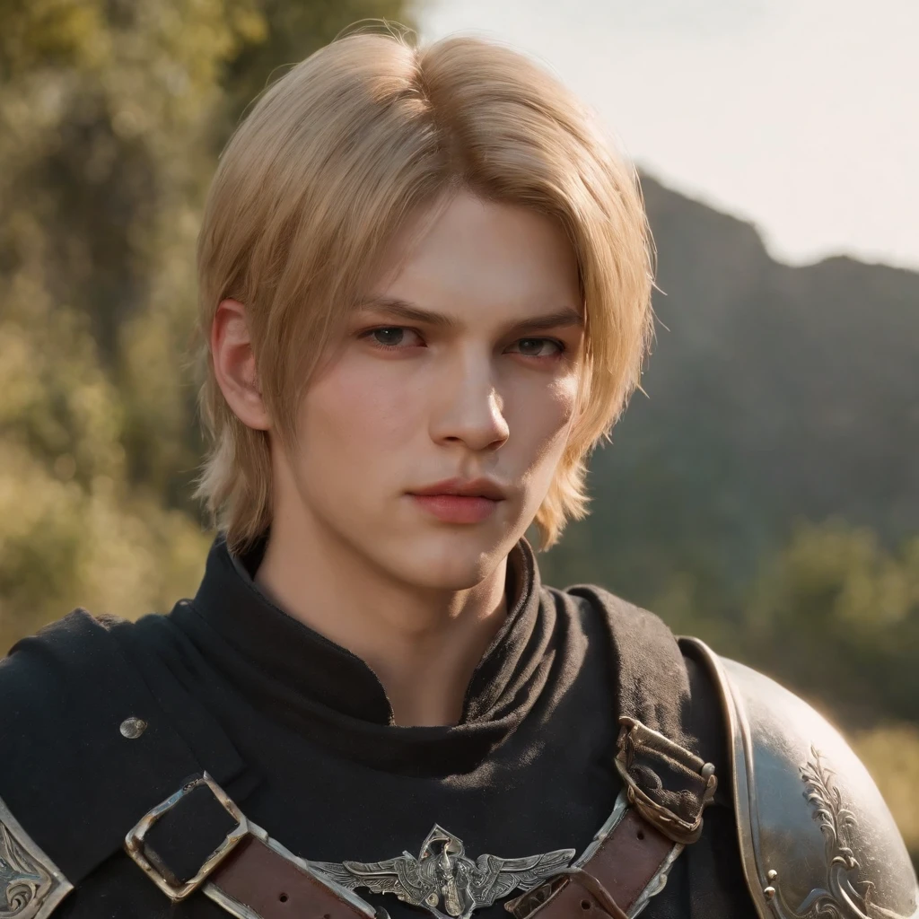 A 19 year old boy with a medium shoulder long spike yellow blonde hair with bangs cover both ears like leon kennedy from resident evil, and part of both cheeks like minato or sasuke, thin beard white reddish skin looks like milk or dark night sky blue piercing eyes with strong striking gaze, mean expression yet still look pretty and innocent without single wrinkle, a little chubby cheek, pink lips, wearing black shirt medieval age knight, background ancient battle field full of dead body