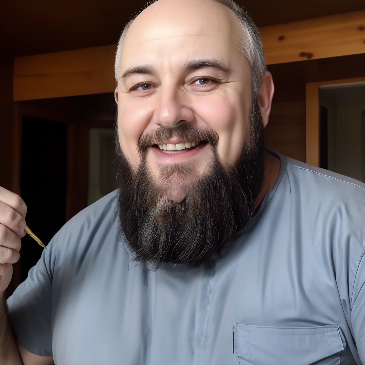 Fat old man, Caucasian, around 50 years old, with beard, who likes to joke, hyper realistic,