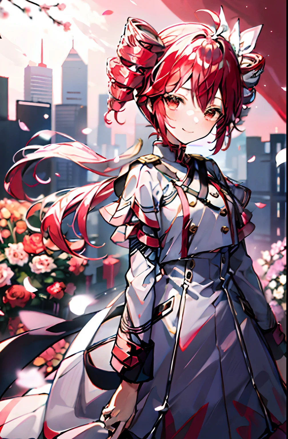 (​masterpiece)、Anime girl with red hair and city bow, top-quality、illustratio、Extremely high quality、high-level image quality、Extremely sensitive writing)Girl with long silver hair standing in beautiful flowery garden、A slight smile、She has a large bouquet、Cute national costume style dress with ruffles on the shoulders、Hair fluttering in the wind