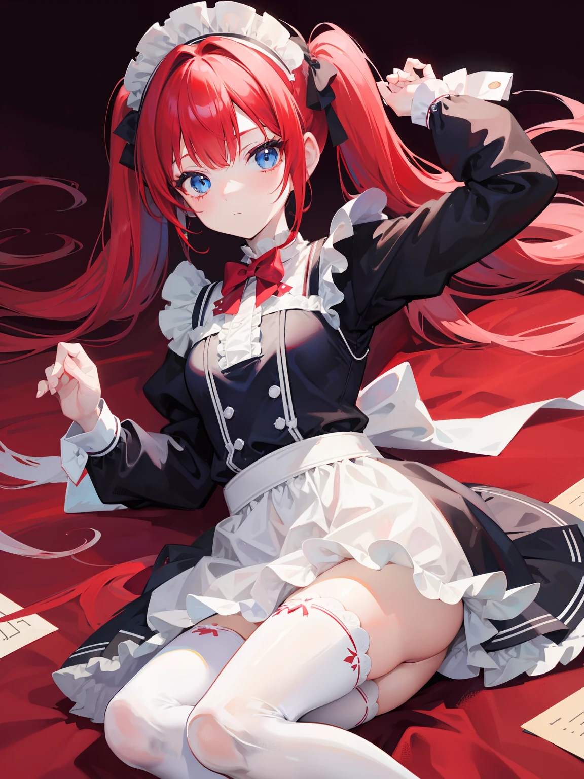 red hair,blue eyes,twintails,maid, long hair, long sleeves, gothic, solo, loli,Short skirt, white stockings,{{best quality}}, {{masterpiece}}, {{ultra-detailed}}, {illustration}, {detailed light}, {an extremely delicate and beautiful},little girl,cute,