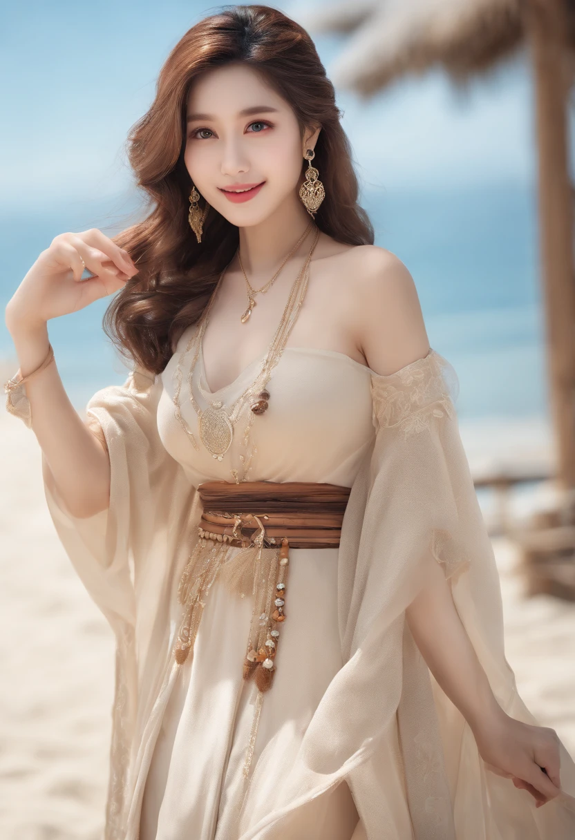 (upper body), (best quality:1.1) ,(photorealistic:1.1), (photography:1.1), (highly detailed:1.1), looking at viewer,armlet, Jade bracelet, eyelashes, happy, medium breasts,beautiful detailed girl, (extremely detailed eyes and face), (lighting on face),necklace,Colorful clothes, [chinese clothes],[off shoulder], (solo:1.2), sandbeach,sand,Standing by the seaside, summer, (beautiful detailed sky),