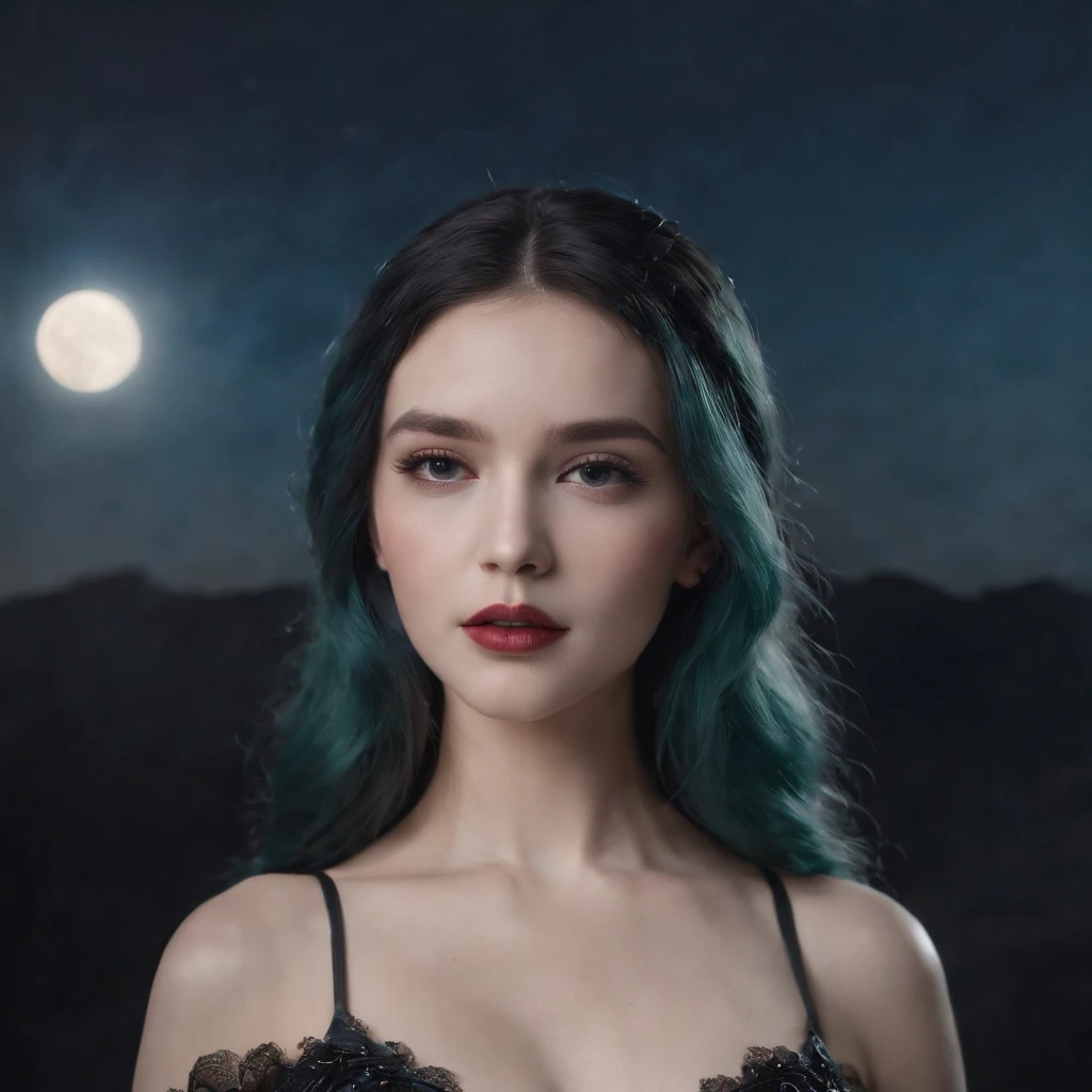 A 17 year old vampire girl with a back long flowy dark cyanic green-blue hair, literal pale white greyscale monochromic vampiric skin looks like milk or paper white skin, dark night sky blue piercing eyes with strong striking evil gaze, tender soft lovely expression yet still look pretty and innocent without single wrinkle, a little chubby cheek, pink lips, voluptuous body, wearing short black elegant gown with royalty look, black crown and a background darkest night sky, low-angle shot, close-up shot, cool-toned color grading, light leaks, rear projection, golden hour, extreme close-up, Edward Robert Hughes art style, rear projection, light leaks, golden hour, long exposure, lens flare, close-up shot, extreme close-up, realistic style