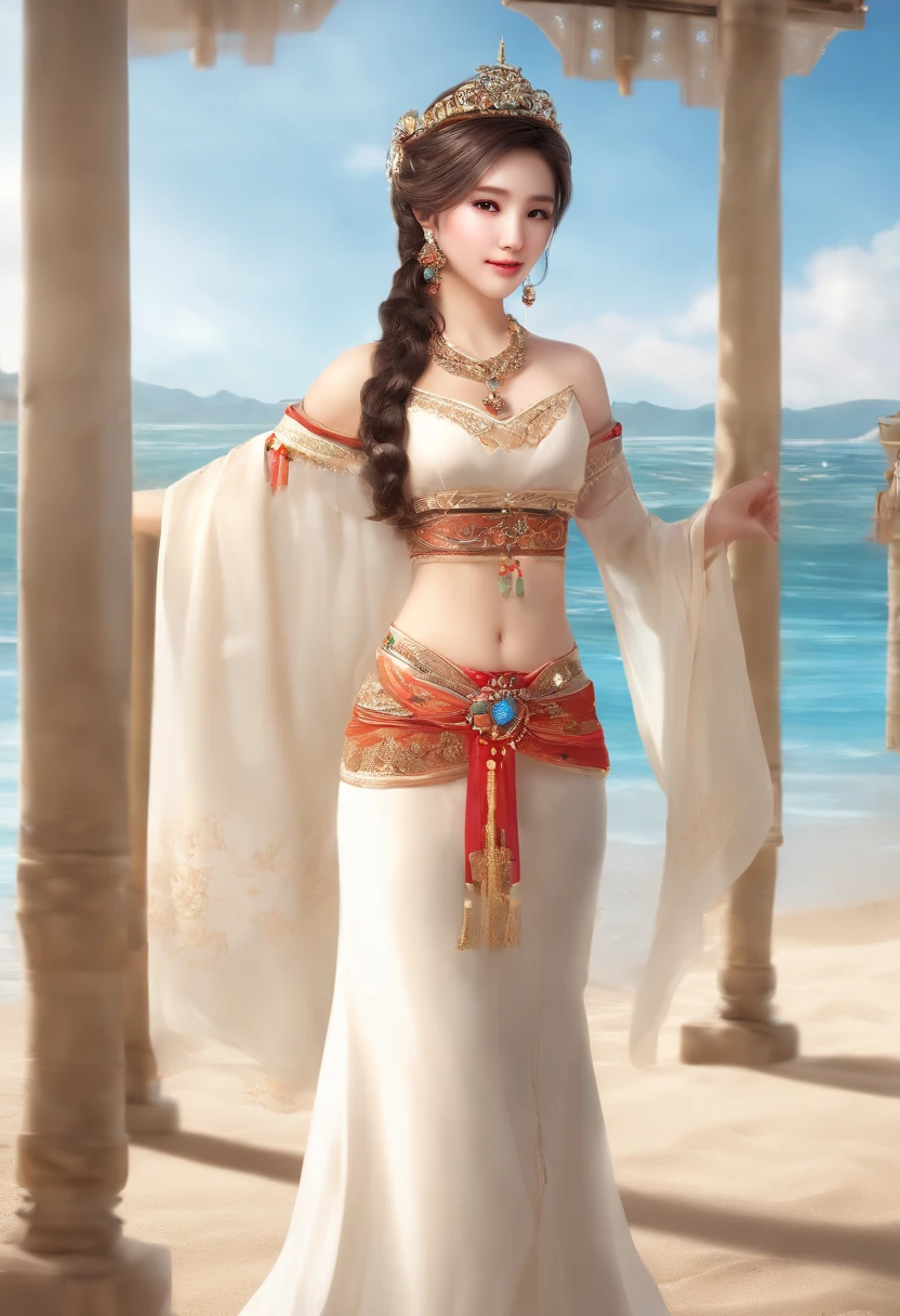 (upper body), (best quality:1.1) ,(photorealistic:1.1), (photography:1.1), (highly detailed:1.1), looking at viewer,armlet, Jade bracelet, eyelashes, happy, medium breasts,beautiful detailed girl, (extremely detailed eyes and face), (lighting on face),necklace,Colorful clothes, [chinese clothes],[off shoulder], (solo:1.2), sandbeach,sand,Standing by the seaside, summer, (beautiful detailed sky),