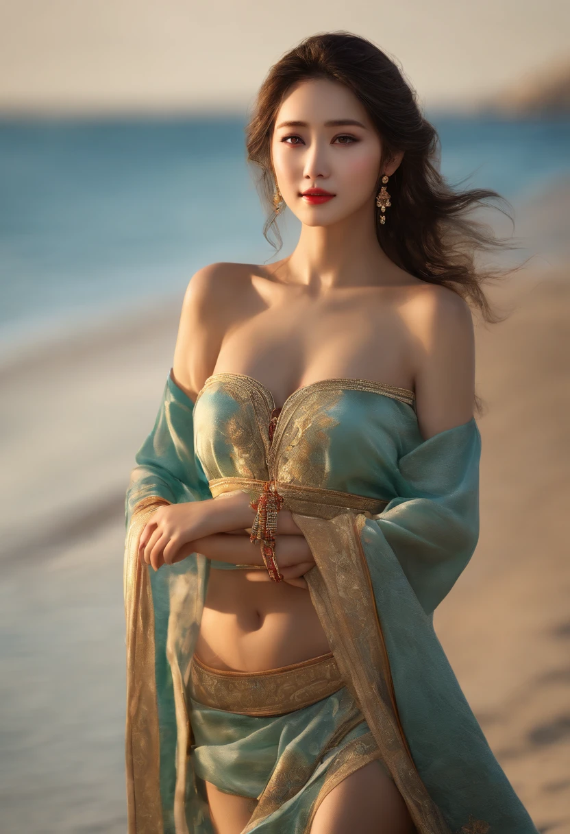 (upper body), (best quality:1.1) ,(photorealistic:1.1), (photography:1.1), (highly detailed:1.1), looking at viewer,armlet, Jade bracelet, eyelashes, happy, medium breasts,beautiful detailed girl, (extremely detailed eyes and face), (lighting on face),necklace,Colorful clothes, [chinese clothes],[off shoulder], (solo:1.2), sandbeach,sand,Standing by the seaside, summer, (beautiful detailed sky),